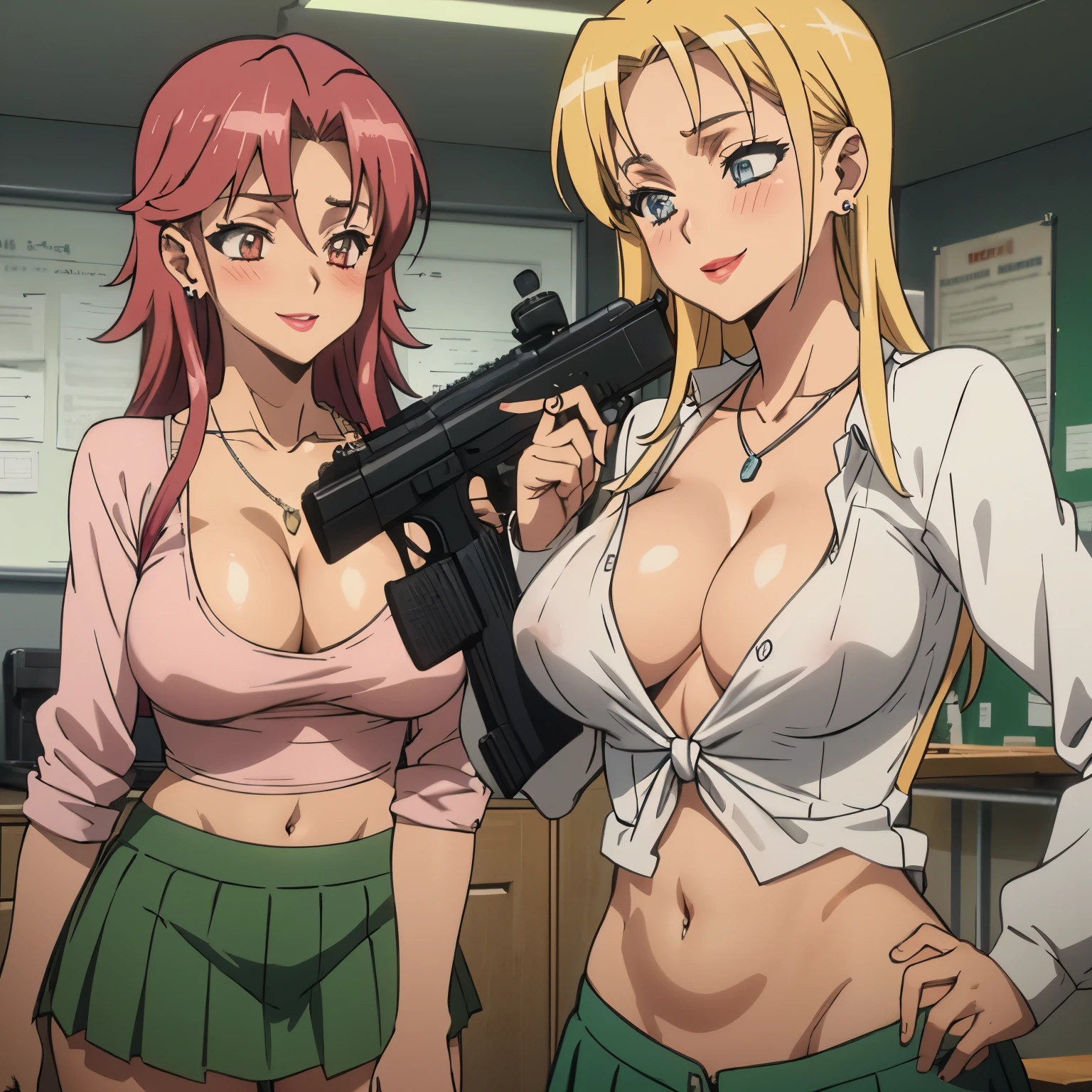 2girl, two girl, long hair, blush, lipstick, big breasts, masterpiece, best quality, ((unbuttoned , cleavage, necklace, earrings, sexy body,
breasts)) , micro skirt, smiling, navel , exposed belly, exposed navel,knot,school,
classroom , holding a gun, hold a gun,navel piercing