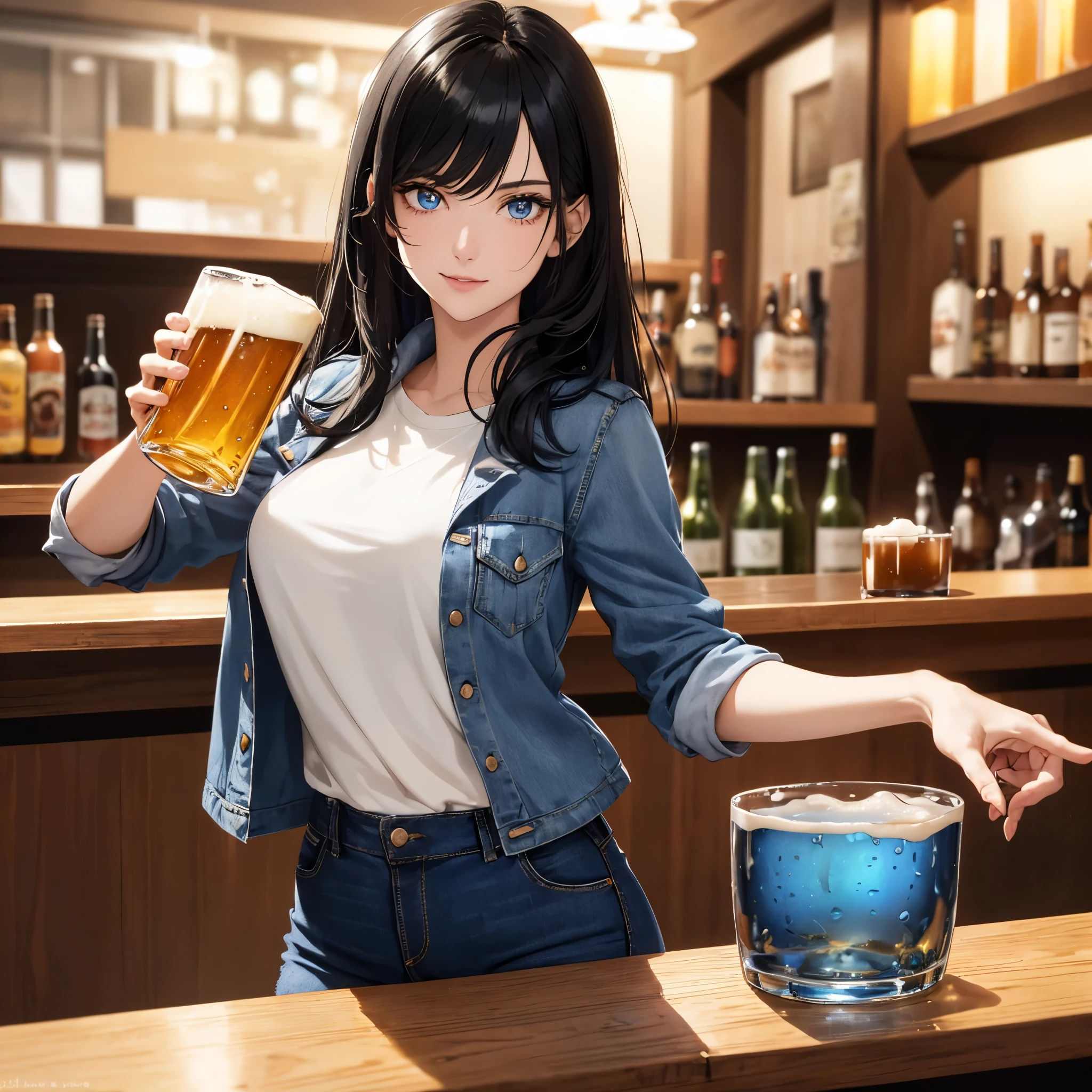 absurderes, ultra-detailliert,bright colour,(in 8K:1.3),masuter piece,extremely beautiful detailed face and eyes, 25 years old,(Smooth straight black hair), (Shiny long hair),(Pattsun bangs) Delicate beautiful face, red blush、(Deep blue eyes) (wearing a shirt with denim blazer and jeans), Natural Nice Spot, Detailed face, holding a glass of beer, at the bar.