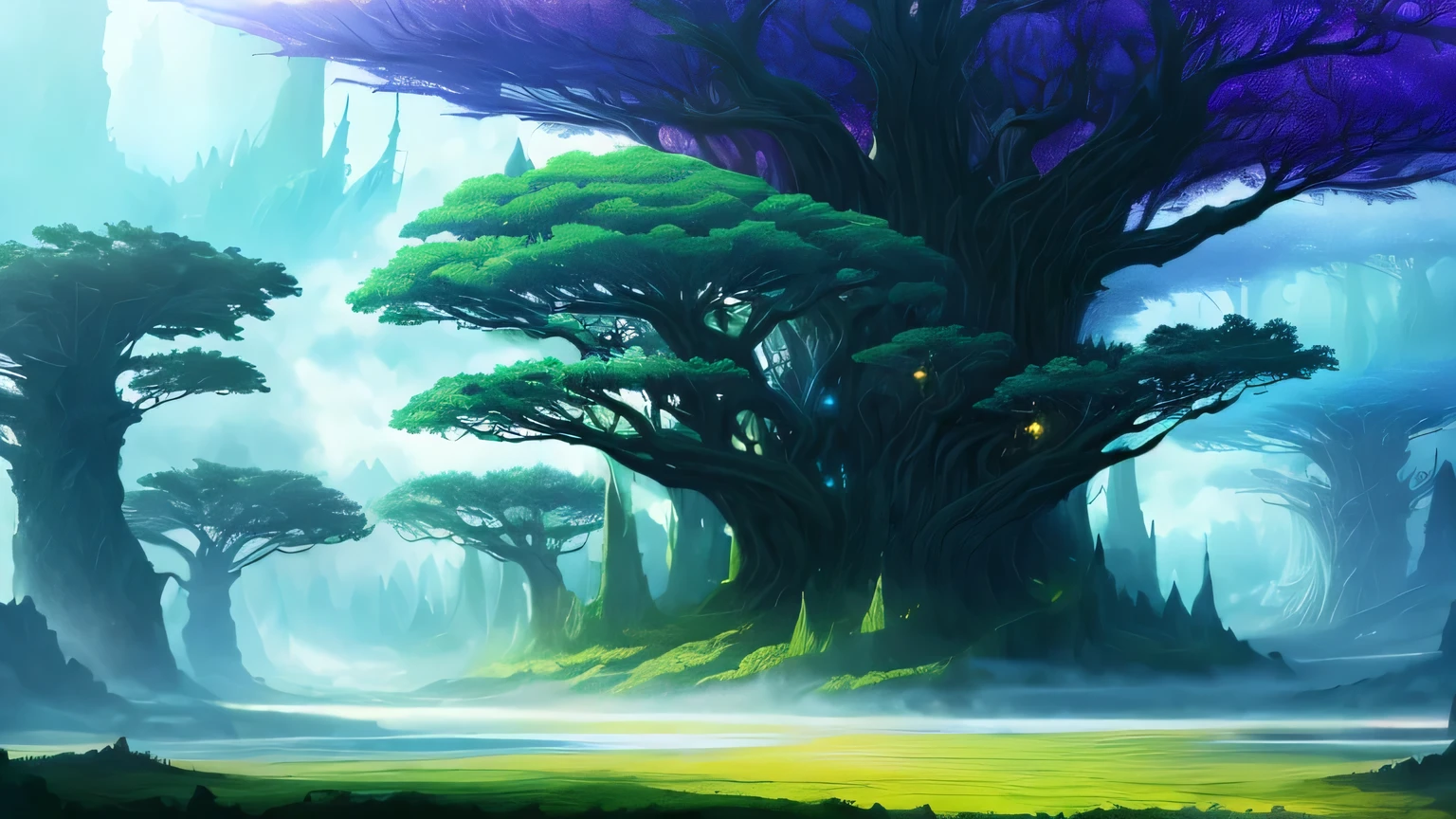 Mysterious and magnificent landscapes, Expressing the fantastical and surreal world of floating islands, Giant Tree々, Mythical creatures, Inviting the viewer into a world of imagination and wonder, Art Station, Digital Art, complicated, trend, Bright colors,4K
