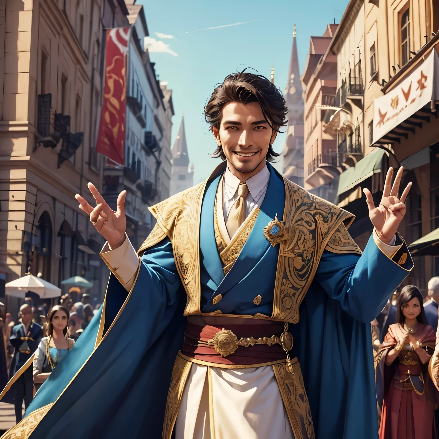 Rpg Style, friendly and kind king, an elegant man, He dresses in the best clothes, made by your own exotic clothing tailors imported from around the world, he have a sword. He is waving to people on a stage in the city square. he is smiling. people crying out for him.