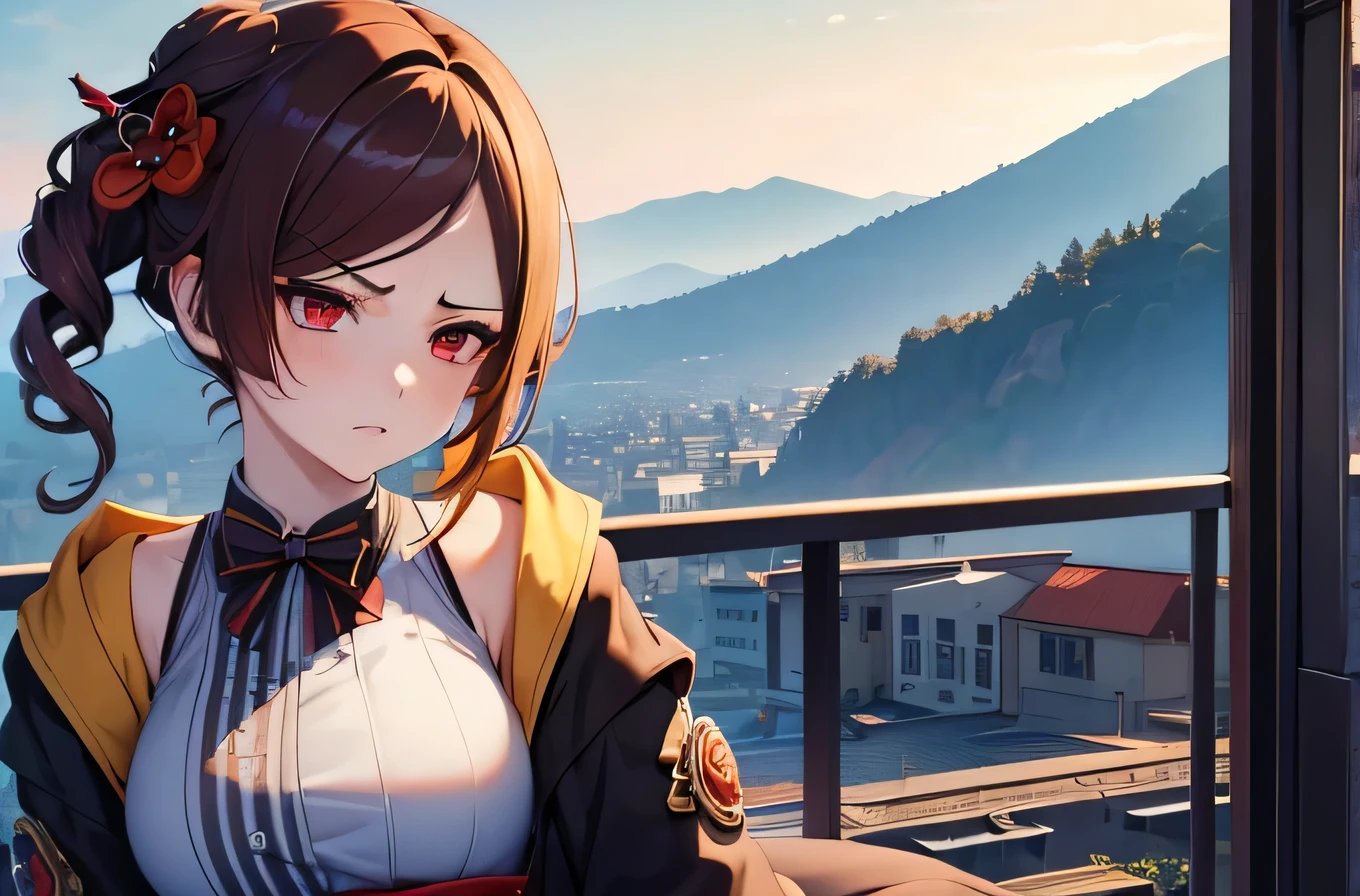 (masterpiece, top quality, best quality, official art, beautiful and aesthetic:1.2), (1girl:1.3), extremely detailed,(fractal art:1.2),colorful, highest detailed, chiori, chiori genshin impact, parted lips,wallpaper,beautiful red eyes, short hair, beautiful brown hair, (angry, angry expression, angry face), school outfit, (cowboy shot), in rooftop school, looking out