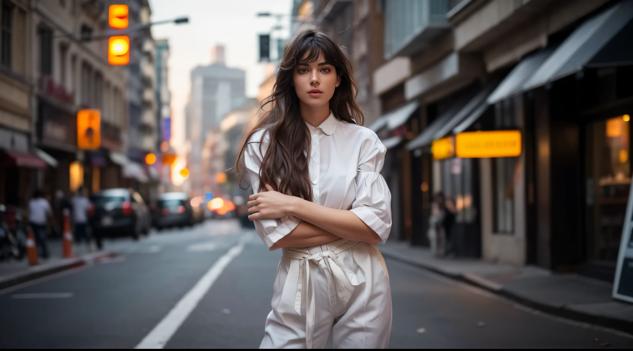 Surreal, Ultra HD, Attractive and y body shape , The surrounding environment is very vivid,HDR,Very high image quality,Cinematic Lenses. Natural Location, Natural Human Anatomy,A 20-year-old girl,Standing on a city street corner,In the hustle and bustle of the city,Photo of an Italian female model,Long hair,White clothing,Shooting in the style of the Canon EOS R5 at F2 and ISO400,Soft Light