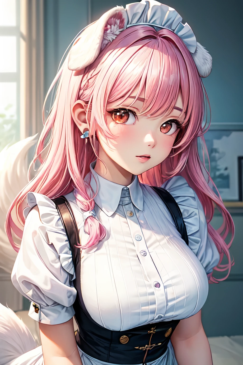 ((highest quality)), ((masterpiece)), (detailed), Perfect Face,Pink Hair,Long Hair,Hair Wave,(Light blue blouse),Short light blue maid outfit,,(White dog with droopy ears),(White dog tail),(Background Black),Ears are normal,