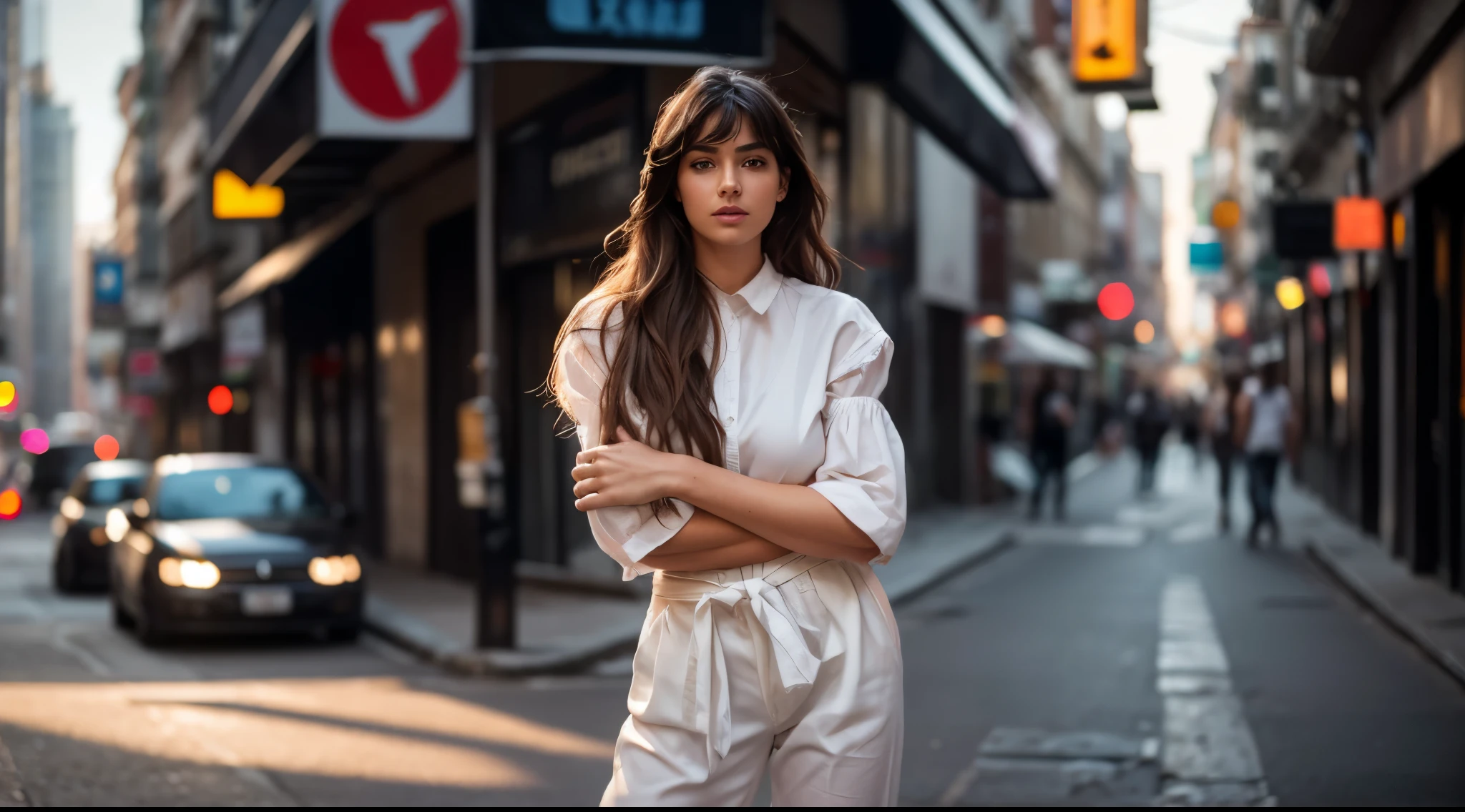 Surreal, Ultra HD, Attractive and sexy body shape , The surrounding environment is very vivid,HDR,Very high image quality,Cinematic Lenses. Natural Location, Natural Human Anatomy,A 20-year-old girl,daytime,Standing on a city street corner,In the hustle and bustle of the city,Photo of an Italian female model,Long hair,White clothing,Shooting in the style of the Canon EOS R5 at F2 and ISO400,Soft Light