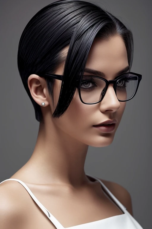 Gorgeous european woman with very short straight hair, short hair, wet hair, hair slicked back, combed straight back, slick hair, black hair, glasses, wearing a white dress, solid dark grey background