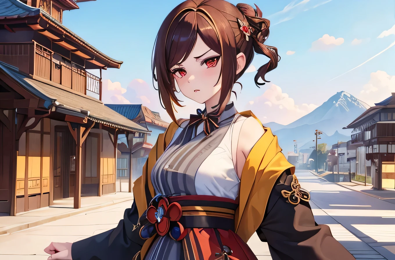 (masterpiece, top quality, best quality, official art, beautiful and aesthetic:1.2), (1girl:1.3), extremely detailed,(fractal art:1.2),colorful, highest detailed, chiori, chiori genshin impact, parted lips,wallpaper,beautiful red eyes, short hair, beautiful brown hair, (mad, angry expression, angry face), school outfit, (cowboy shot), in rooftop school, looking out