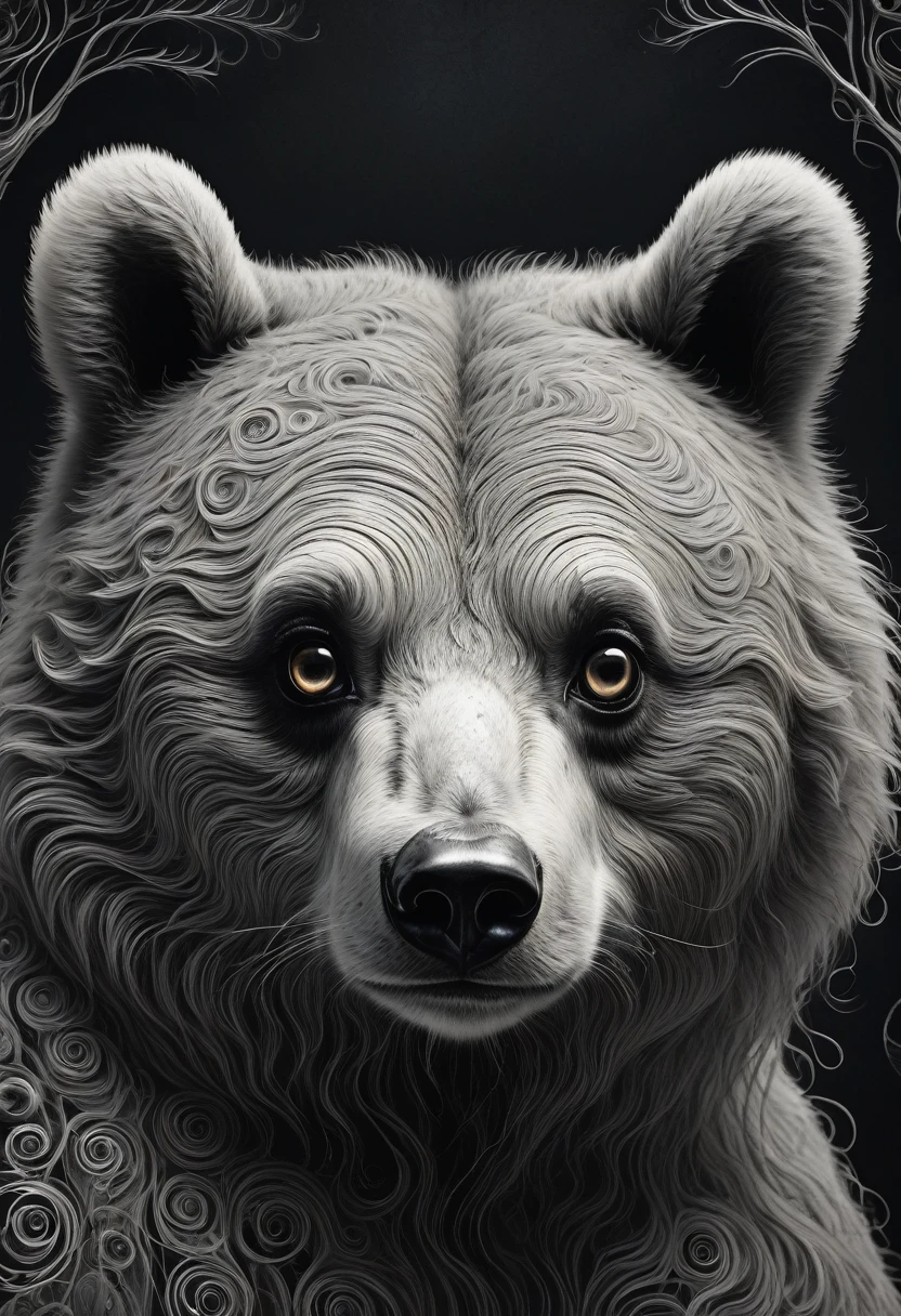 In a Tim Burton inspired art style, capture a bear with widened luminescent eyes, dual perfect ears standing upright, who exhibits the immaculateness of features all over its full and complete body, its rounded perfect shape emphasizing its flawless lines. Background, eerie gothic, whimsical, animated, enchanted, melancholic, film noir, monochromatic, mixed media, intricate line work, highly defined,
