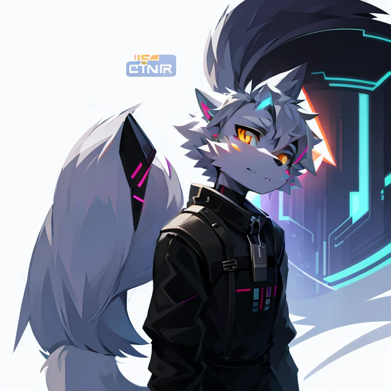 cyber punk perssonage,epcot,Tech style,solo person,White body,White ears,White hair,Overall white,Orange-yellow eyes,Wolf tail,Wolf orcs,Young,Wear a short-sleeved shirt,Ultra-clear screen,Soft lines