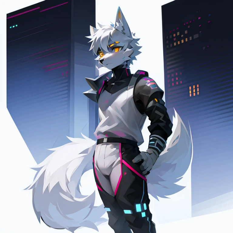 cyber punk perssonage,epcot,Tech style,solo person,White body,White ears,White hair,Overall white,Orange-yellow eyes,Wolf tail,Wolf orcs,Young,Wear a short-sleeved shirt,Ultra-clear screen,Soft lines