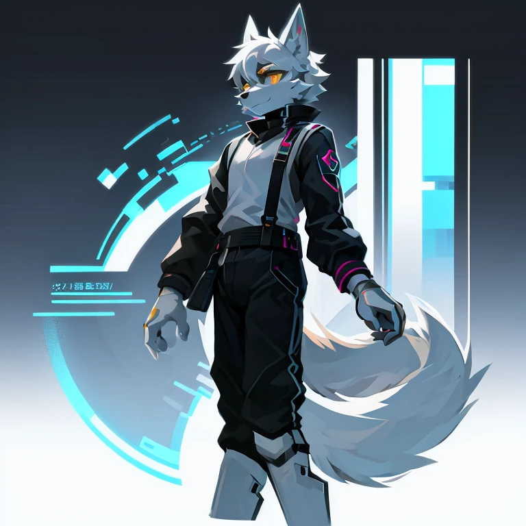 cyber punk perssonage，epcot，Tech style，solo person，White body，White ears，White hair，Overall white，Orange-yellow eyes，Wolf tail，Wolf orcs，Young，Wear a short-sleeved shirt，Ultra-clear screen，Soft lines