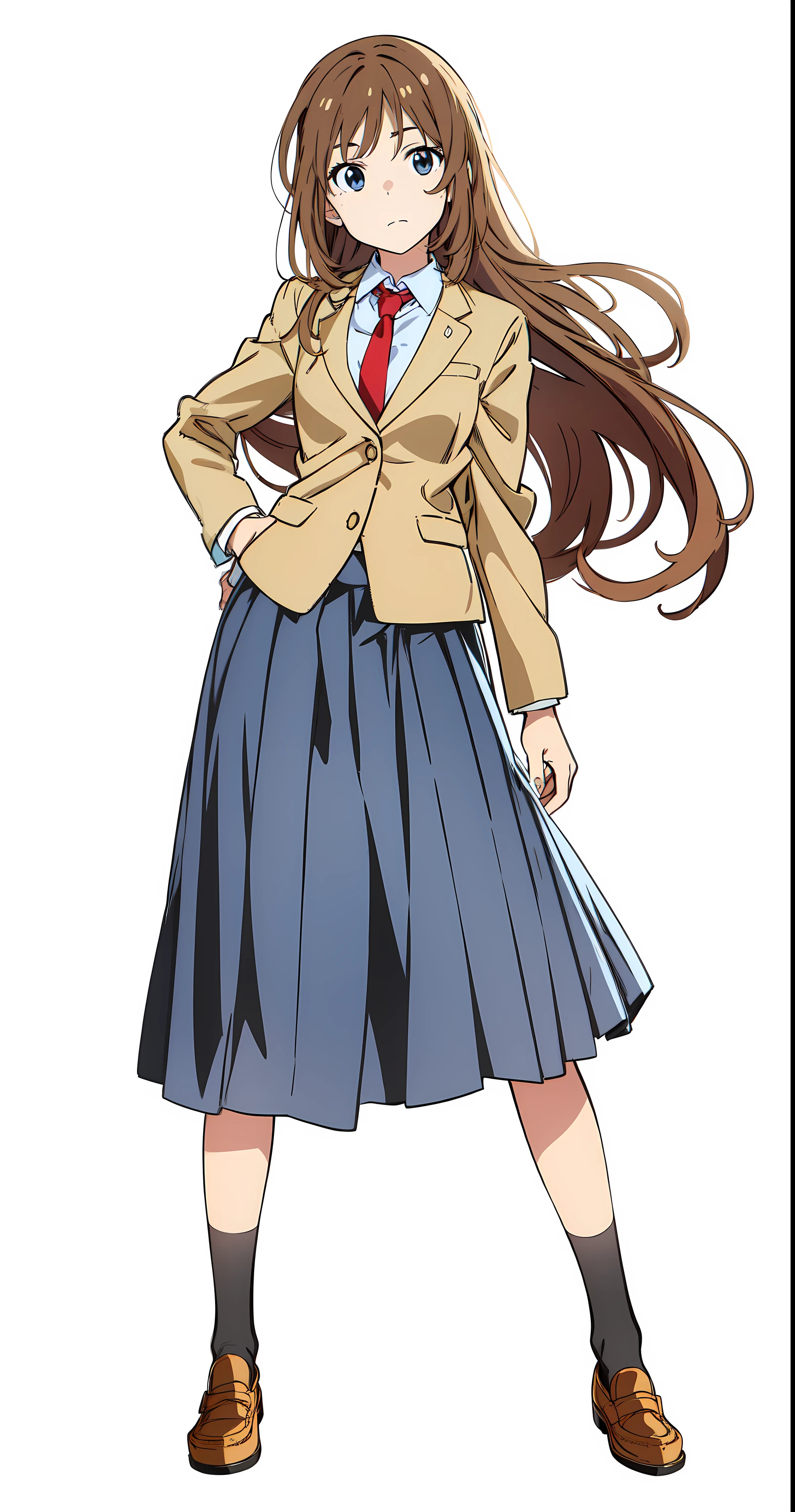 (white background:1.0), (best quality:1.0), (masterpiece:1.0), (super fine illustration:1.0), (beautiful artwork:1.0), (anime screencap:1.0), (official art:1.0), (full body:1.0), (solo:1.0), (HSGα:1.0), (a 18yo cute girl:1.0), (long skirt:1.2), (dark blue skirt:1.0), (pleated skirt:1.0), (school uniform beige blazer:1.0), (red necktie:1.0), (loafers:1.0), (black socks:1.0), (ideal ratio body proportions:1.2), (lanky:1.2), (tall:1.2), (slender:1.2), (small breasts:1.2), (smaller face:1.2), (tareme:1.0), (detailed beautiful eyes:1.0), (detailed beautiful face:1.0), (glowing black eyes:1.0), (long hair:1.0), (brown hair:1.0), (standing:1.0), (looking at viewer:1.0)