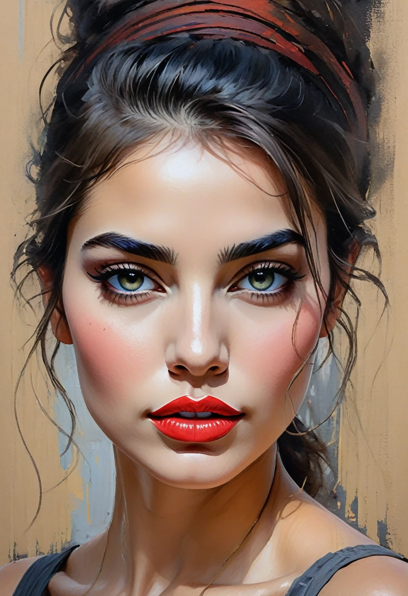 a beautiful woman,   perfect body, best quality, detailed face, detailed eyes, detailed lips, detailed skin, oil painting, (flat painting:1.3), graphic design, (bold brush strokes:1.2), realistic painting, simple and minimal, (impressionism painting:1.3), oil on canvas, textured paper, sketch, (charcoal smudge:1.2), (bold brush texture:1.1), (chaotic lines:1.1), (pencil outline:1.2), image grain, (classic oil painting:1.2), blended lines, serious artwork, matte colors, (impressionism:1.2), (Kevin beilfuss:1.1), (faded shadows:1.2), (face art:1.1), (middle eastern face:1.05)