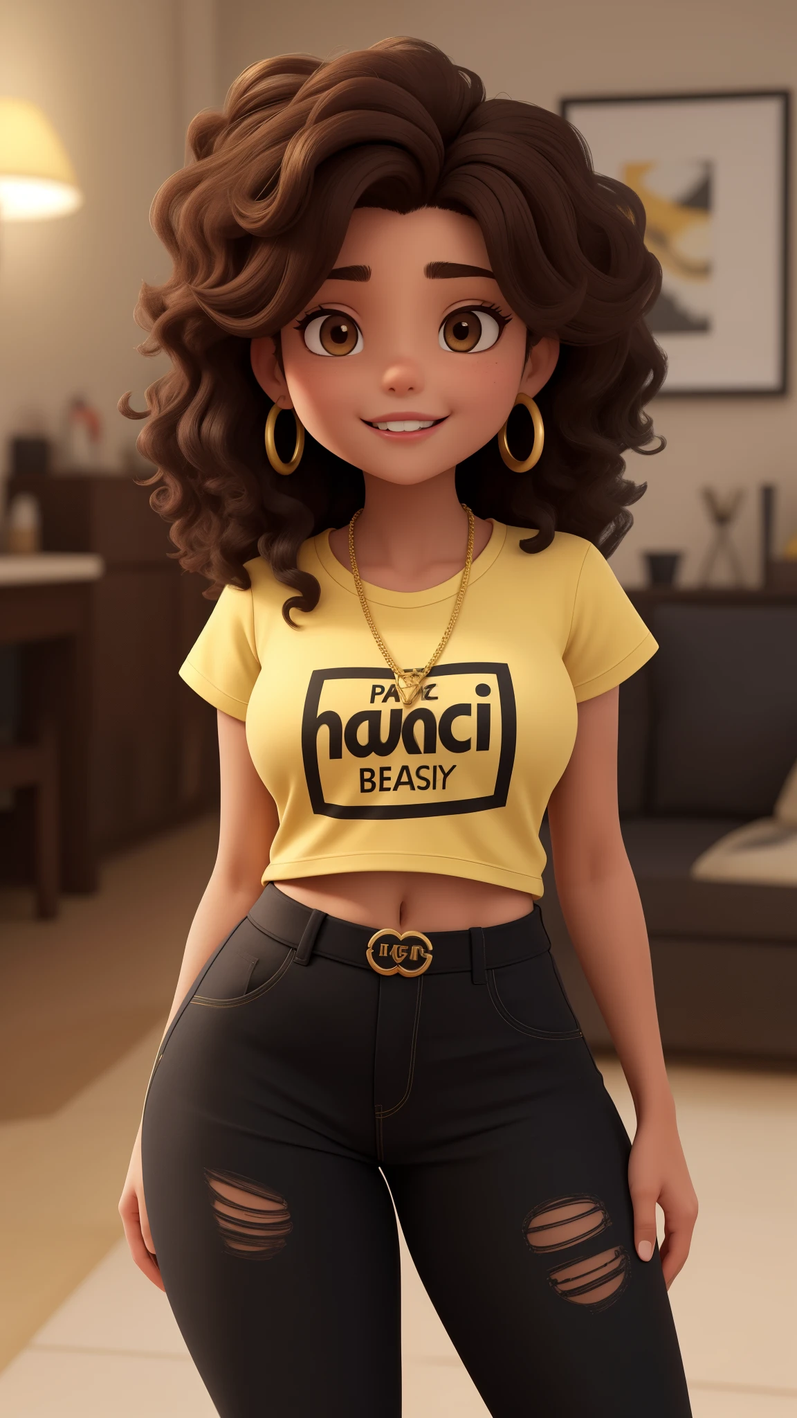A beautiful medium brunette woman of 22 years old and height of 1, 65, tiene una melena de hermosos rizos bien definidos de tonos rubio-cenizo-oscuro a negro, largo hasta la espalda baja, ojos dark brown con un brillo singular, You cannot miss his always characteristic flirtatious and happy smile, showing perfect teeth and a tender, small ear that is drawn on his right cheek., He is wearing a black t-shirt with cursive typography, elegant and modern like a fashion magazine what does it say "Sacuchi" golden in color like its gold chain that holds a striking letter pendant "E" del mismo materia, sus tres anillos de oro en forma de corona digno de ella y un anillo liso como argolla pero un negro intenso. Luce jeansnegros intenso, her breasts that never go unnoticed due to their size and perfect and pronounced shape, With a curvy complexion, he steals attention wherever he goes., coqueta y caprichosa por naturaleza, solitaria y apasionada. maquillaje natural con un delineado negro sutilmente hace que se mire rasgaditos sus ojos, transformando su mirada en una mujer indomabme, sus labios lucen un labial de un tono marron natural y sutil pero qe no pasa desapercibido. Tenis blancos con detalles dorados. 