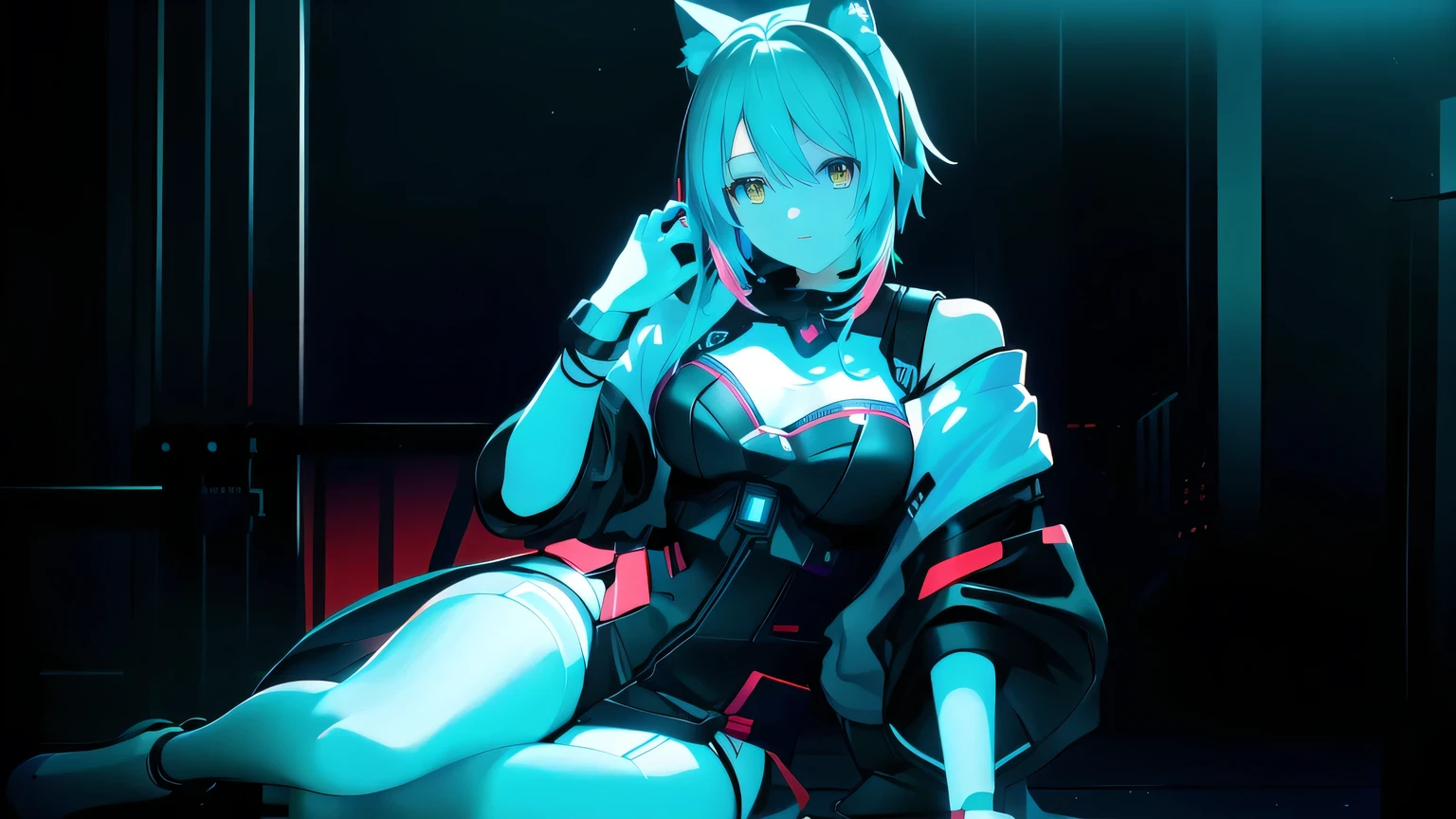 Sit on the ground、Anime girl holding a phone to her ear, completely robot!! Cat girl, mikudayo, Nightcore, Hatsune Miku, From Arknights, Cyberpunk Anime Girl, beautiful anime Cat girl, anime Cat girl, artstation pixivでトレンド, Anime Style 4k, female Cyberpunk Anime Girl, Digital Cyberpunk Anime Art, red and cyan