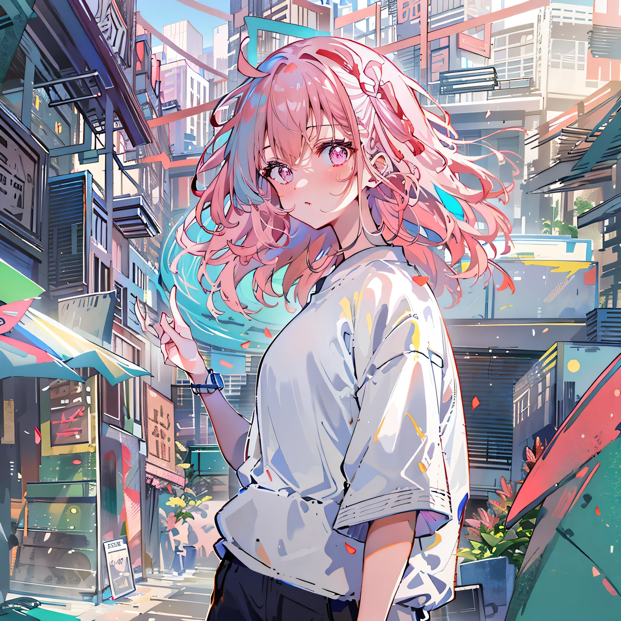 8K resolution、((top-quality))、((masterwork))、((ultra-detailliert))、1 woman、solo、incredibly absurdness、Oversized  T-shirt’s 、ocean、plein air、Sateen、neons、Shortcut Hair、pink Hair Brightly colored eyes、Hands in pockets、shortpants、really cute 、summer