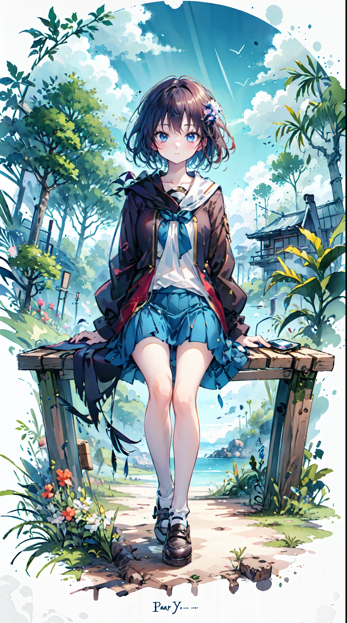 masterpiece, fisheye effect, a girl sitting on a bench looking at the ocean, a matte painting, featured on pixiv, higurashi, unity 2 d, blue sky and green grassland, as a tarot card, smartphone resolution, point-and-click adventure game, dying earth, Beasts, circle, standing in the savannah