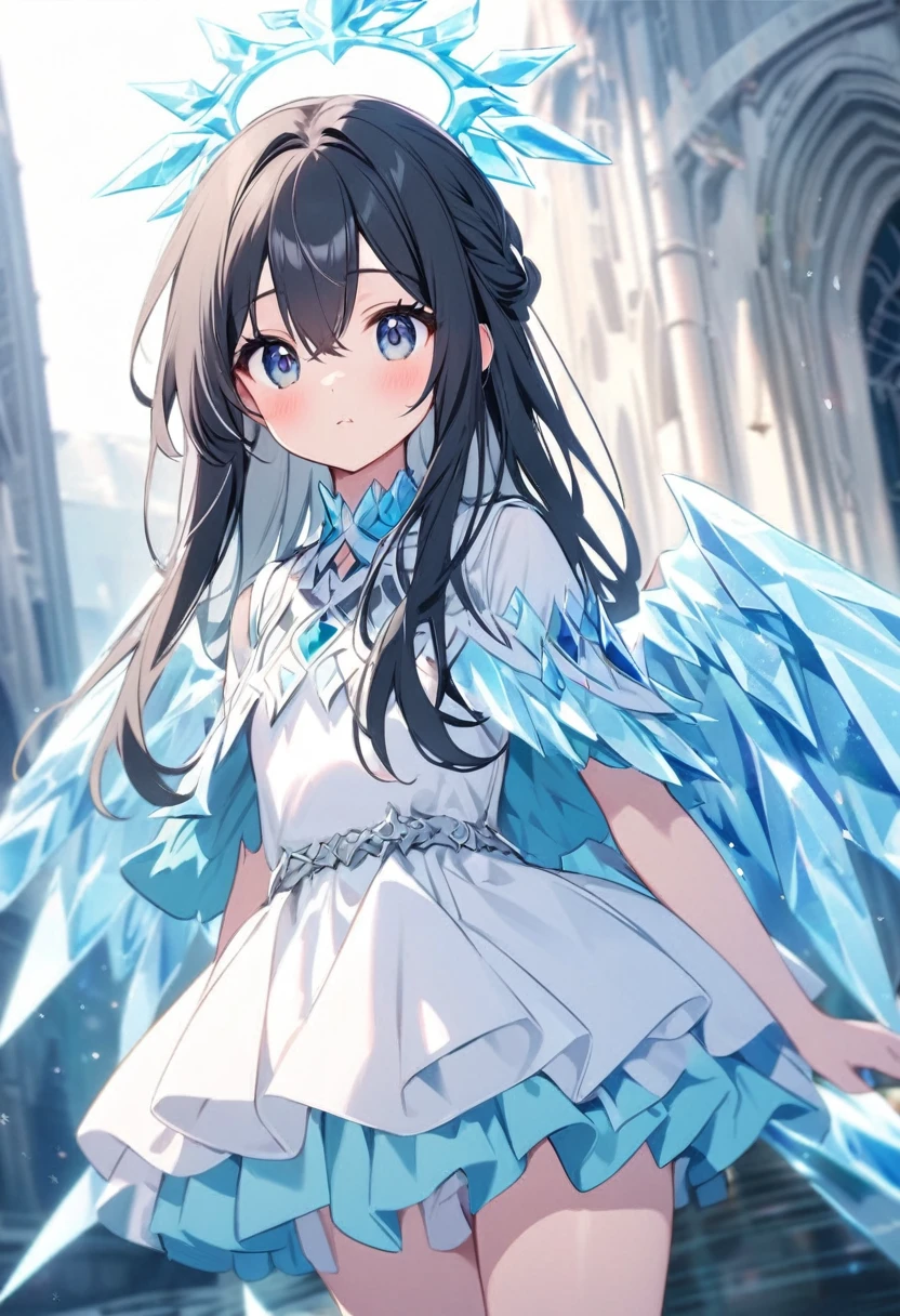 cute, halo, black long hair, outfit random, cute look, wings long of ice
