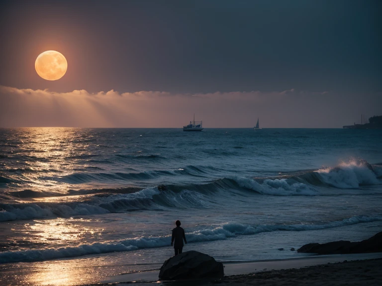 ((best quality)), ((masterpiece)), (detailed), moon,seaside,Sunset,dark,Messy,Game scene