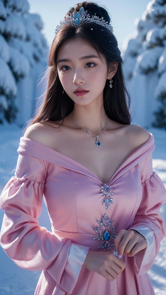 There was a woman in a pink dress，Wearing a necklace,((a beautiful fantasy empress).inspired by Sim Sa-jeong，Azure.detailed hairs,winter princess,LCE Princess,Guvez-Steville artwork,8K)),fantasy aesthetic!.Guviz,Ice Queen,8k high-quality detailed art.