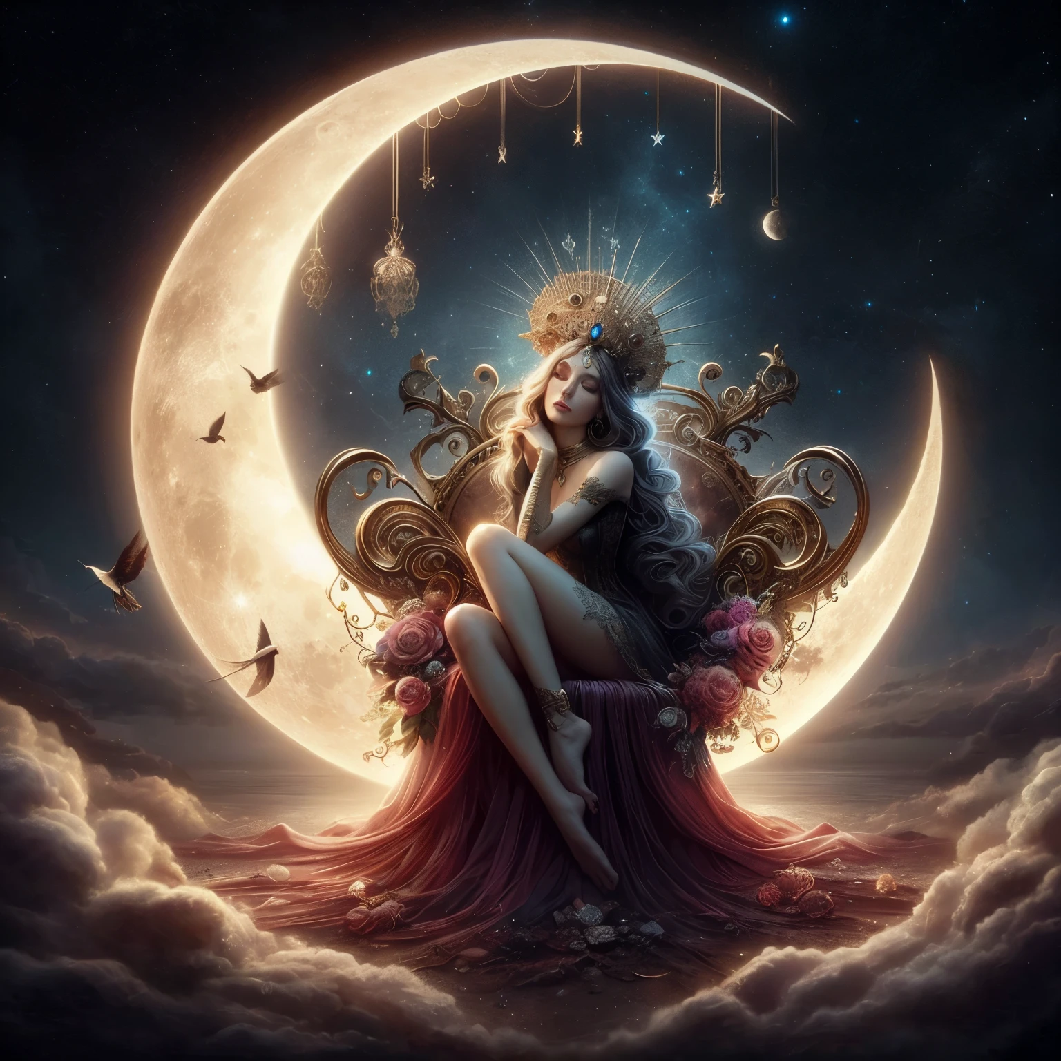 Moon Queen sitting on a crescent moon 8k resolution