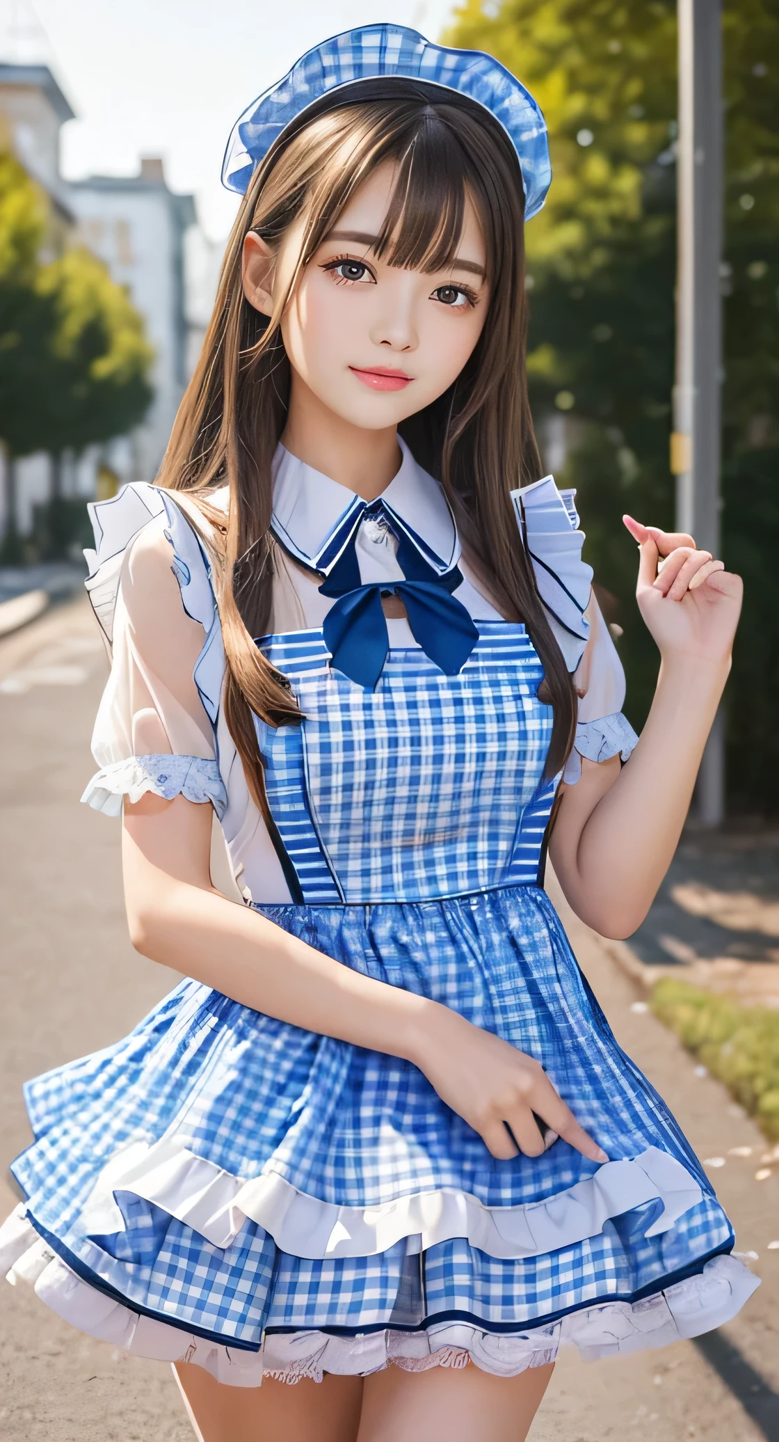 Angelic very beautiful cute young girl,
Beautiful detailed eyes, (14 yo:1.2),
Detailed double eyelids,
(Soft Saturation: 1.3),
(Fair skin: 1.3),v-line jaw,
(Large eyes:1.4),
Long straight brown hair,
see-through bangs,
Sharp Focus,
beautiful detailed face and eyes,
drooping eyes,
small straight nose,
small mouth,
happy smiling with visible teeth, 85mm lens, F/8.0,BREAK (blue gingham maid costume :1.5),Walking,Brown hair ,(Costumes with strong reflective surfaces:1.3),(lift skirt:1.2),panty,
(Best Quality:1.2),(Maid costume:1.4),
Raw photo,
High resolution,
perfect detail,
Professional Photography,
Professional Lighting,
Powerful lighting of the costume,In the street
