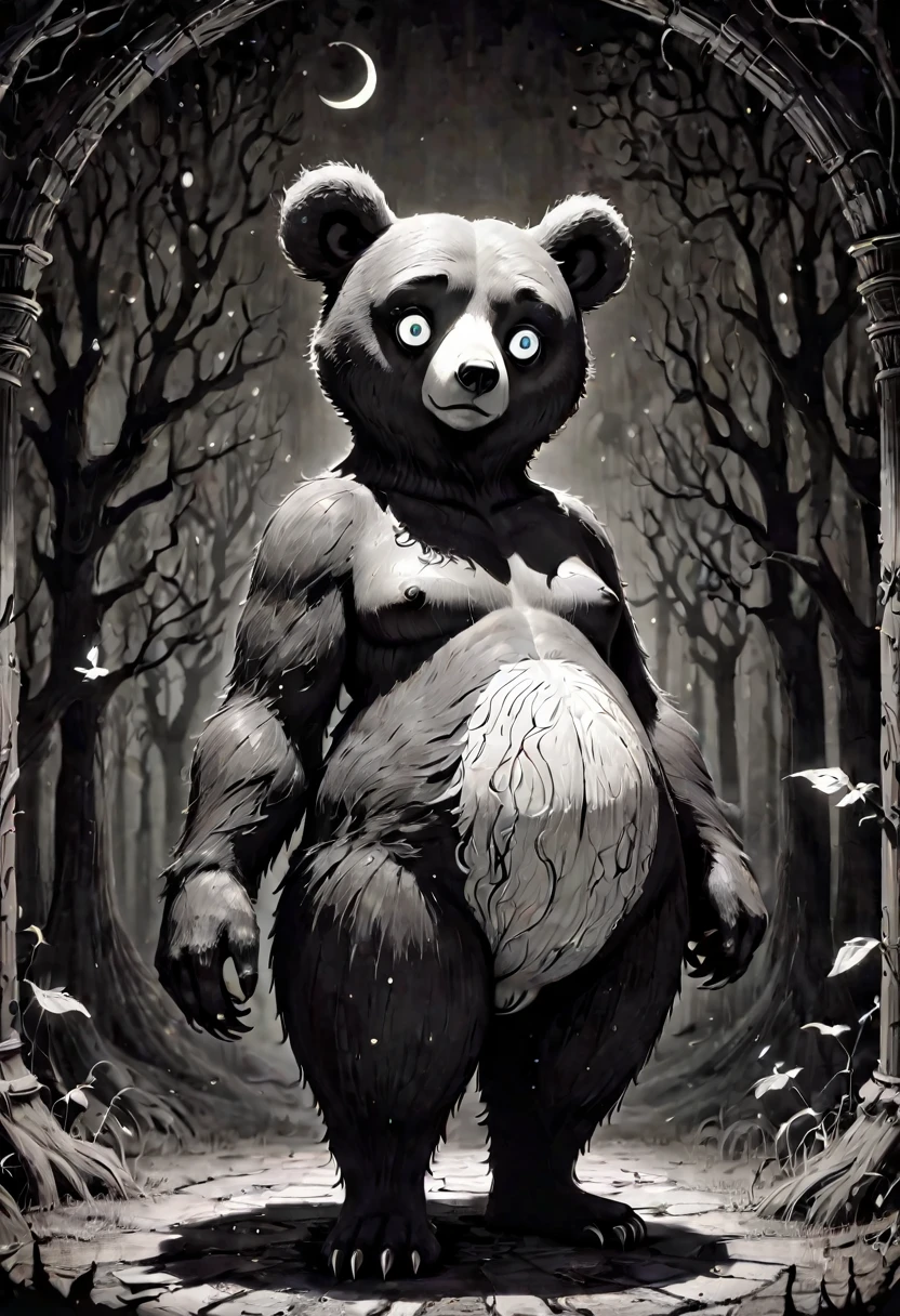 In a Tim Burton inspired art style, capture a  bear with widened luminescent eyes, dual perfect ears standing upright, who exhibits the immaculateness of features all over its full and complete body, its rounded perfect shape emphasizing its flawless lines. Background, eerie gothic, whimsical, animated, enchanted, melancholic, film noir, monochromatic, mixed media, intricate line work, highly defined,