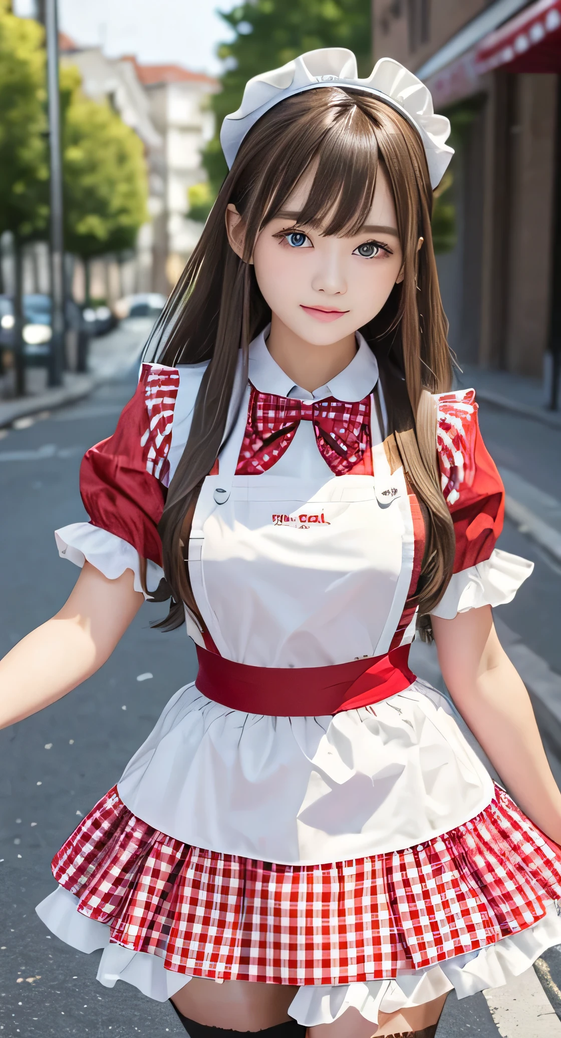 Angelic very beautiful cute young girl,
Beautiful detailed eyes, ( yo:1.2),
Detailed double eyelids,
(Soft Saturation: 1.3),
(Fair skin: 1.3),v-line jaw,
(Large eyes:1.4),
Long straight brown hair,
see-through bangs,
Sharp Focus,
beautiful detailed face and eyes,
drooping eyes,
small straight nose,
small mouth,
happy smiling with visible teeth, 85mm lens, F/8.0,BREAK (red gingham maid costume :1.5),Walking,Brown hair ,(Costumes with strong reflective surfaces:1.3),(lift skirt:1.2),panty,
(Best Quality:1.2),(Maid costume:1.4),
Raw photo,
High resolution,
perfect detail,
Professional Photography,
Professional Lighting,
Powerful lighting of the costume,In the street