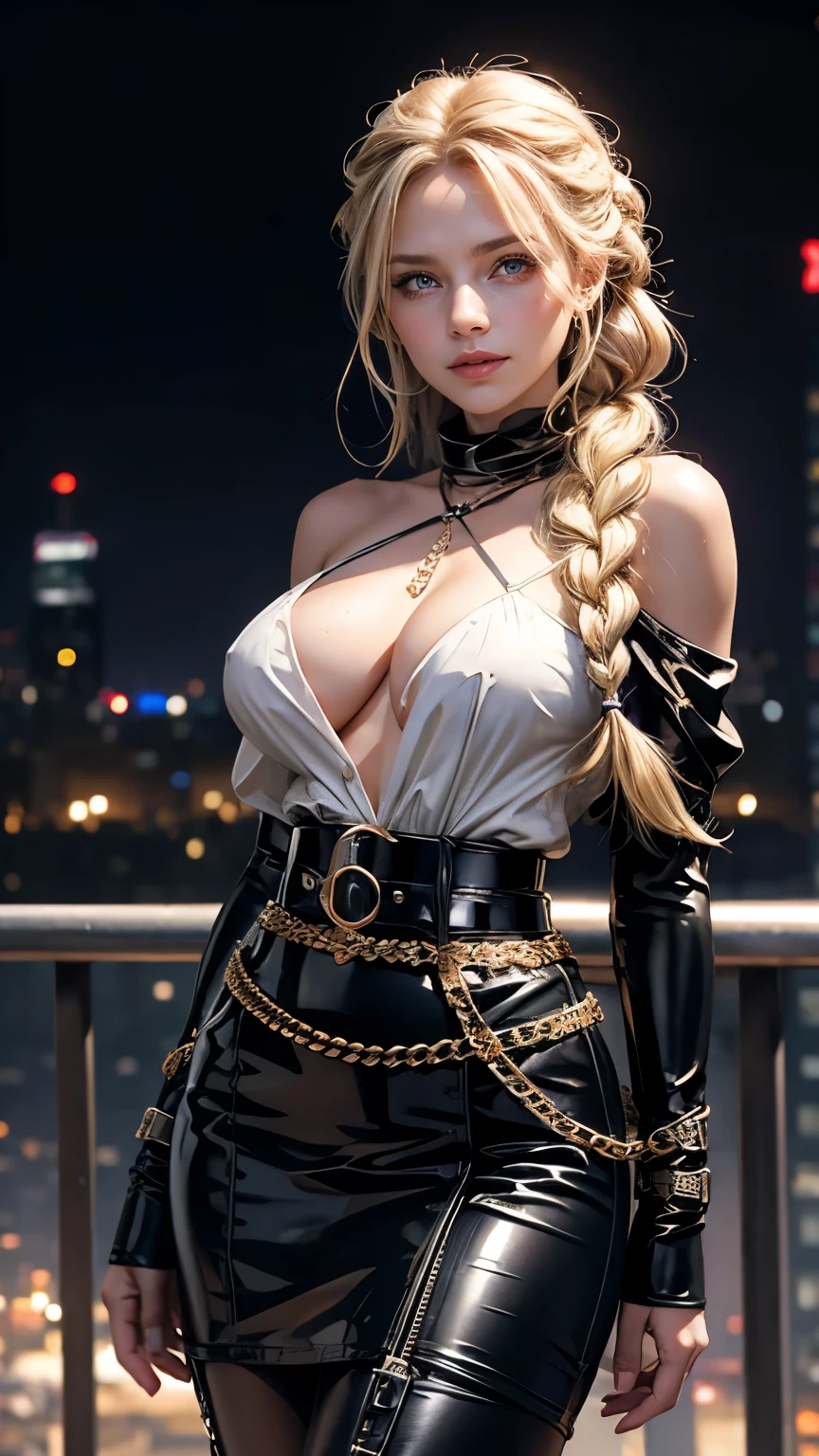 A girl with long wavy blonde hair , ((One Girl)), (blonde) ,(Braid:1.3),blue eyes , A light smile, Gorgeous face , 18-year-old , (Slim figure , Large Breasts) , Chain belt, High waist latex pencil skirt, Latex Arm Sleeve, ((Waist belt)), ((Hip belt)), Black leather scarf, White Off Shoulder Blouse, thin, City of night , Neon Light , Surrealism