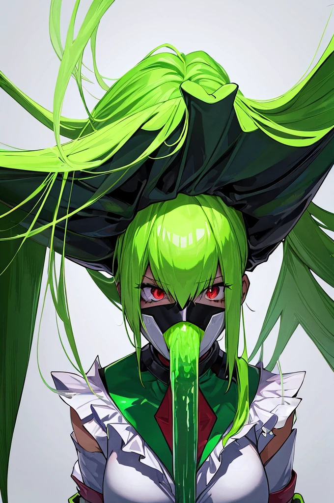 1woman, acidic spit, green acid, superpower acidic spit from mouth, long hair, green acid spit, red eyes, large green acid spit,