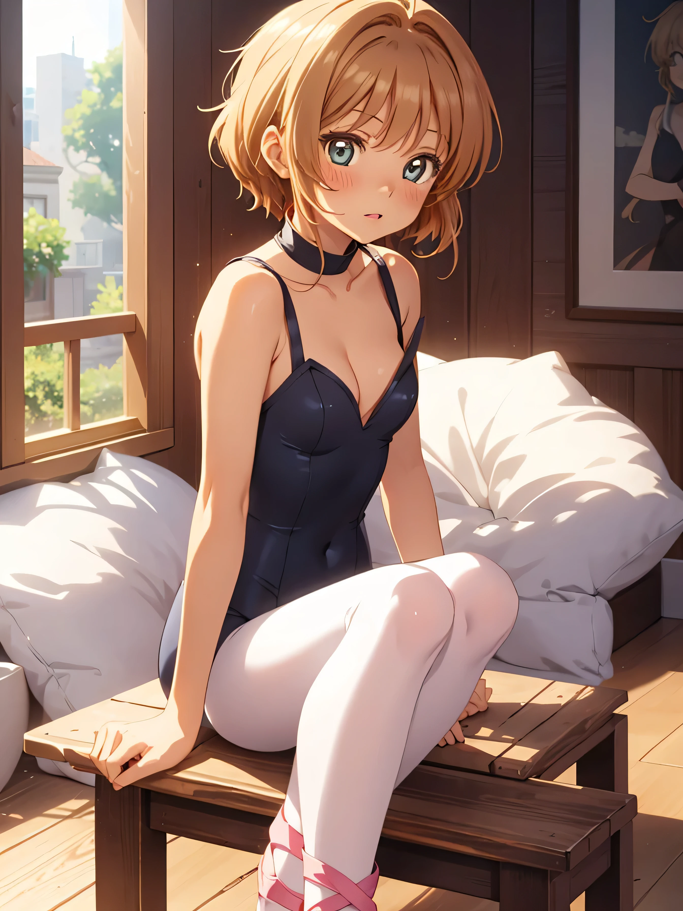 masterpiece, highest quality, High resolution, Pixel perfect, Depth of written boundary, One girl, single, alone, Beautiful Anime Girls, Beautiful art style, (Detailed face), (blush), Anime CG Style, (Medium chest), Good lighting, Perfect body, Lips parted, (sakura kinomoto), Glossy lips, Cleavage, (ballerina), Sleeveless leotard, (cold), pantyhose, (Sitting), (Bent knees:1.2), Wooden floor