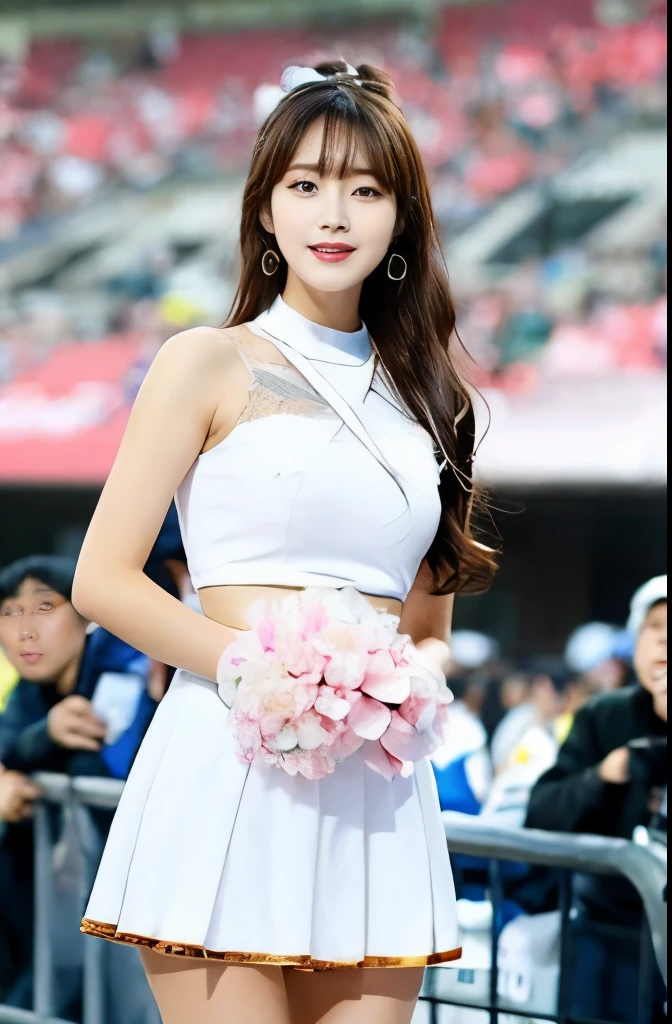 SDGAHSJ,1 Girl,Asian,Cheerleader,(background: stadium),outdoor,looking at the audience,photoPractical,Practical,Solitary,Flowers,Blue sky and white clouds,audience,Top number,underwear,ultra HD resolution,ultra-fine face,long eyelashes,very detailed lips,delicate eyes,double eyelids,makeup face. hair accessories,elegant,enchanting,photorealistic,realistic