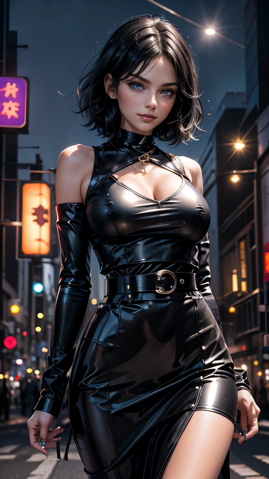 A girl with long wavy ブロンド hair , ((One Girl)), (Black Hair) ,(short hair:1.3),blue eyes , A light smile, Gorgeous face , 18-year-old , (Slim figure , Large Breasts) , Chain belt, High waist latex pencil skirt, Latex Arm Sleeve, ((Waist belt)), ((Hip belt)), Black leather scarf, White Off Shoulder Blouse, thin, City of night , Neon Light , Surrealism