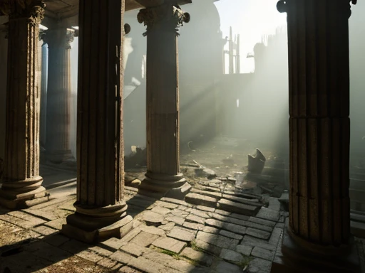 ((best quality)), ((masterpiece)), (detailed), dark,Messy,ruins,Rows of broken pillars,Backlight,Game scene
