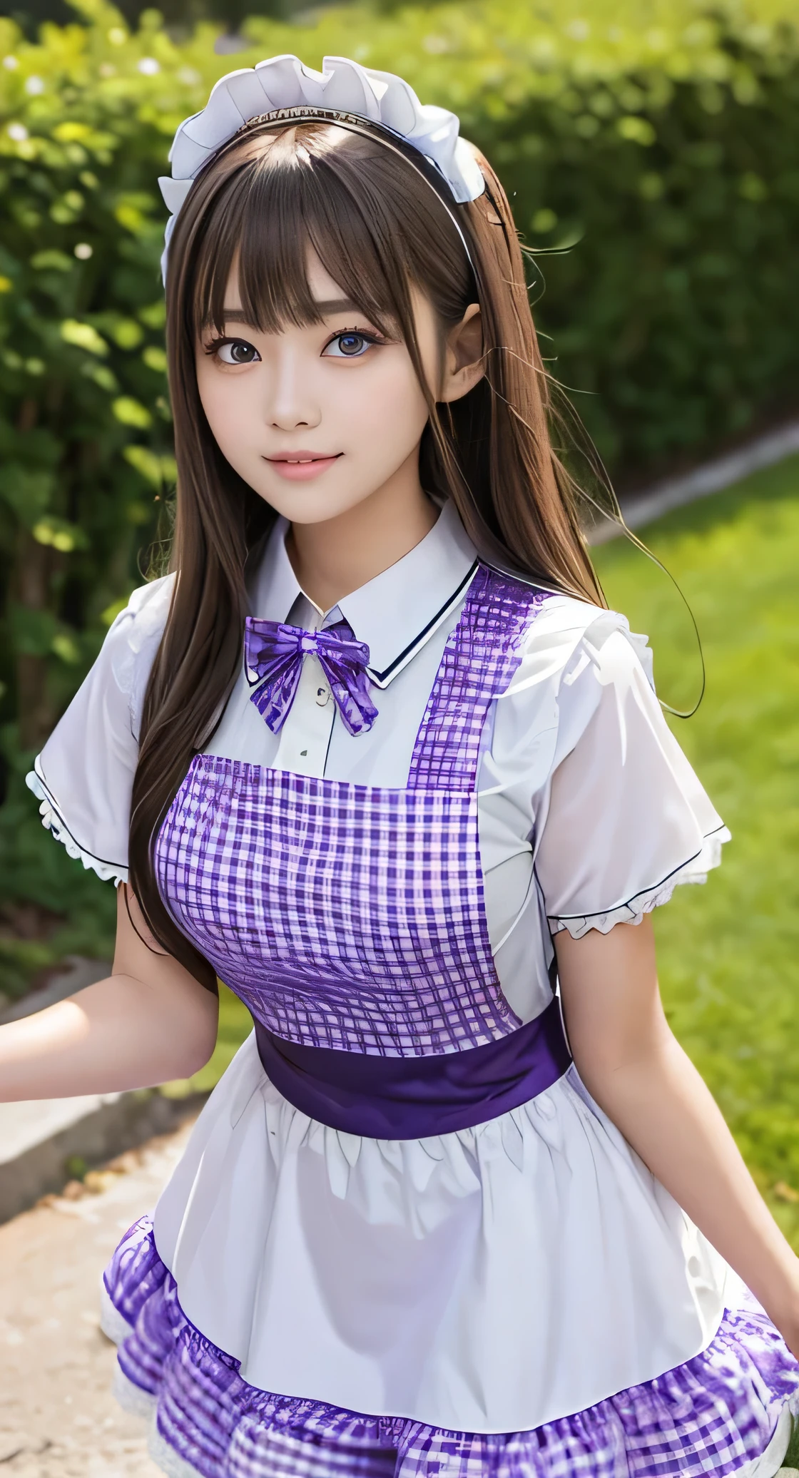 Angelic very beautiful cute young girl,
Beautiful detailed eyes, ( yo:1.2),
Detailed double eyelids,
(Soft Saturation: 1.3),
(Fair skin: 1.3),v-line jaw,
(Large eyes:1.4),
Long straight brown hair,
see-through bangs,
Sharp Focus,
beautiful detailed face and eyes,
drooping eyes,
small straight nose,
small mouth,
happy smiling with visible teeth, 85mm lens, F/8.0,BREAK (purple gingham maid costume :1.5),Walking,Brown hair ,(Costumes with strong reflective surfaces:1.3),(lift skirt:1.2),panty,
(Best Quality:1.2),(Maid costume:1.4),
Raw photo,
High resolution,
perfect detail,
Professional Photography,
Professional Lighting,
Powerful lighting of the costume,In the street