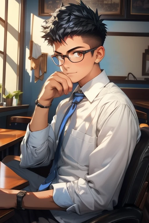 Window side, cafe, work, blue tie, male, Age 18, Short spiked Hair, black hair, white shirt, rolling up sleeves, Glasses, Asian, cute, (detailed eyes), detailed skin, (masterpiece, best quality:1.4), Top Quality, High quality, Ultra detailed, insanely detailed, anime style