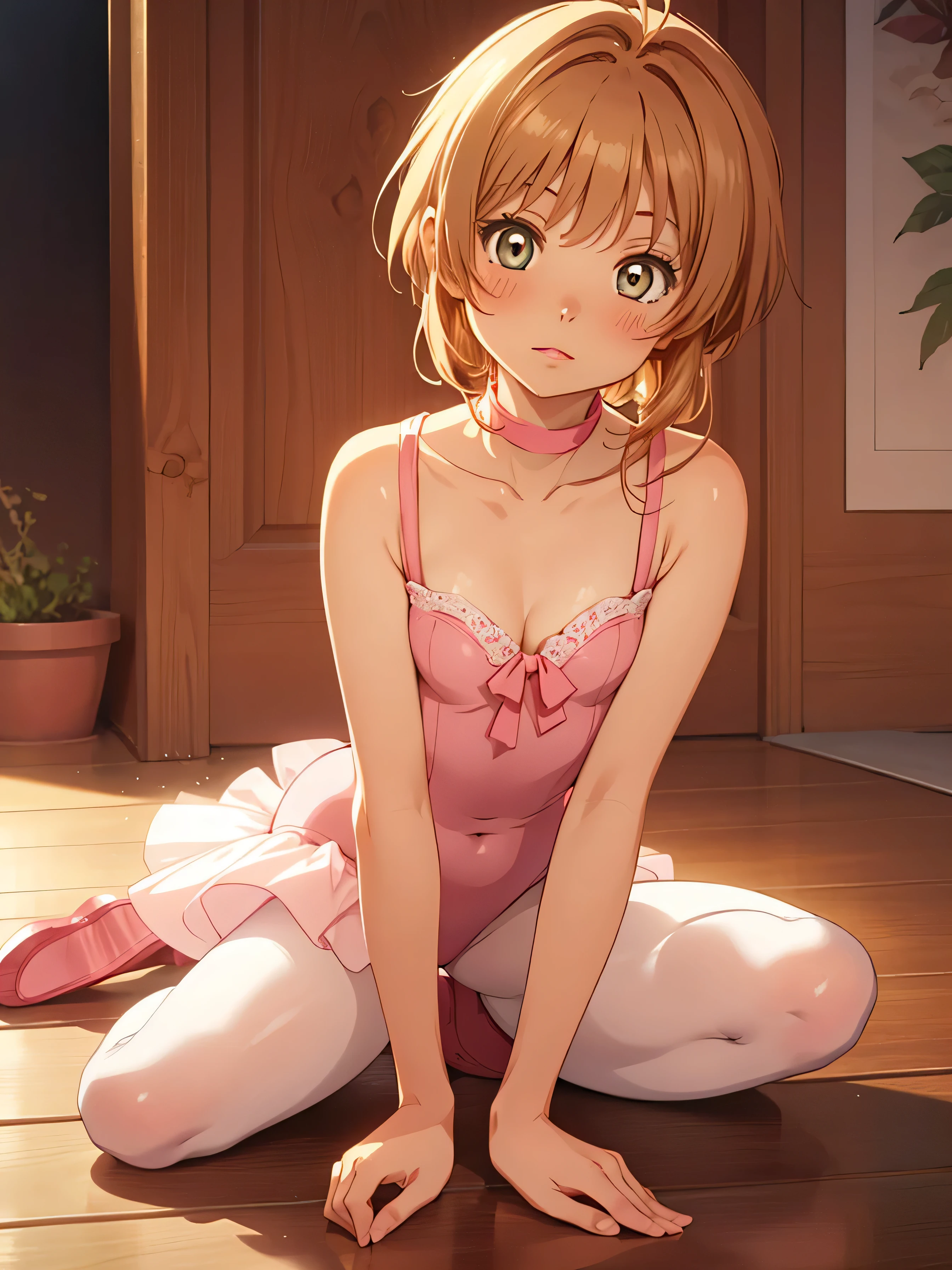 masterpiece, highest quality, High resolution, Pixel perfect, Depth of written boundary, One girl, single, alone, Beautiful Anime Girls, Beautiful art style, (Detailed face), (blush), Anime CG Style, (Medium chest), Good lighting, Perfect body, Lips parted, (sakura kinomoto), Glossy lips, Cleavage, (ballerina), Sleeveless leotard, (cold), pantyhose, (Sitting on floor), (Bent knees:1.2), Wooden floor, Sitting