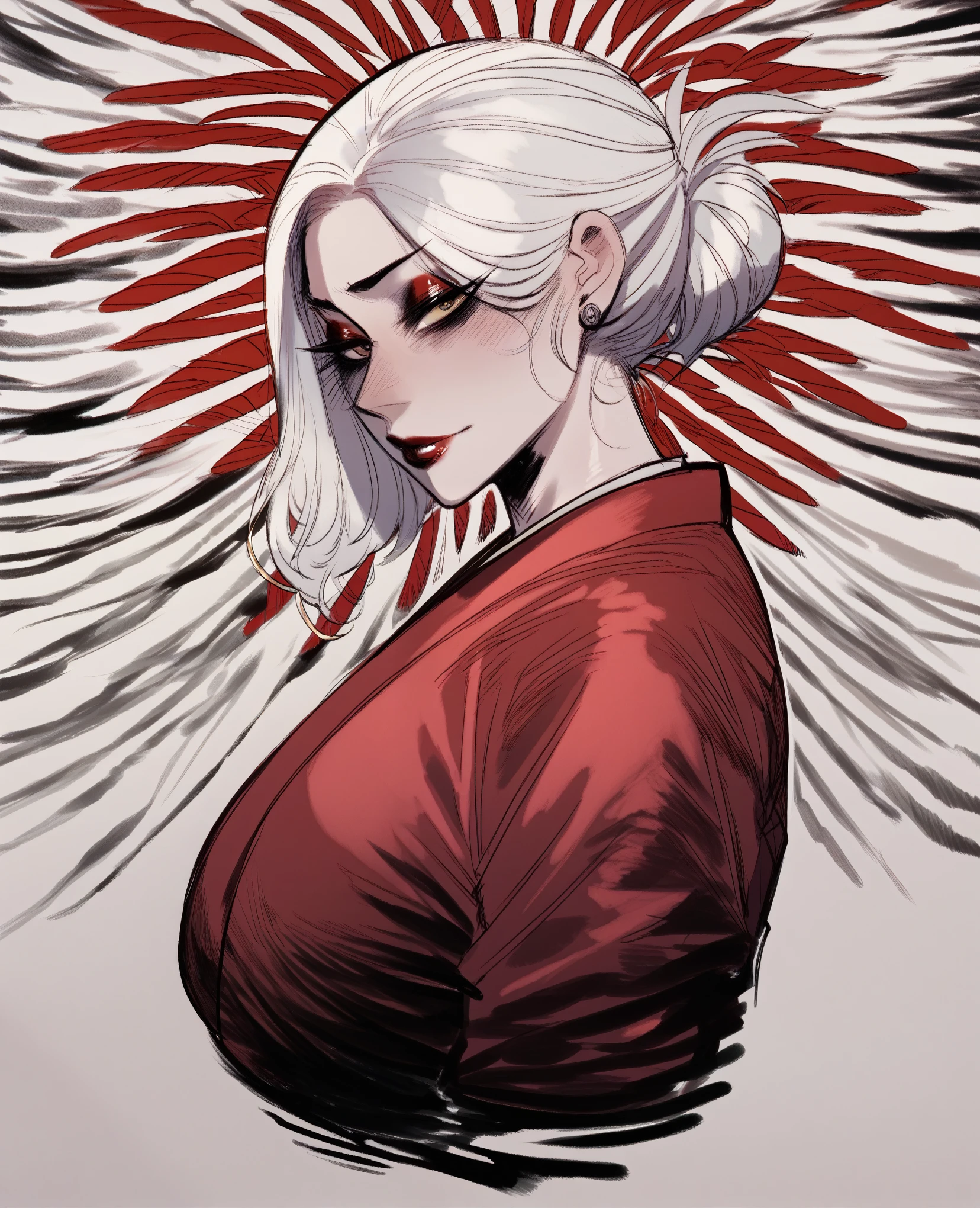 score_9, score_8_up, score_7_up, score_6_up, score_5_up, score_4_up, BREAK 1girl, ((thinbody:1)), intricate, kimono, (eyeliner:1.2), looking at viewer, bob hairstyle, white hair, jewelry, detailed background,huge breasts (masterpiece, high quality:1),
