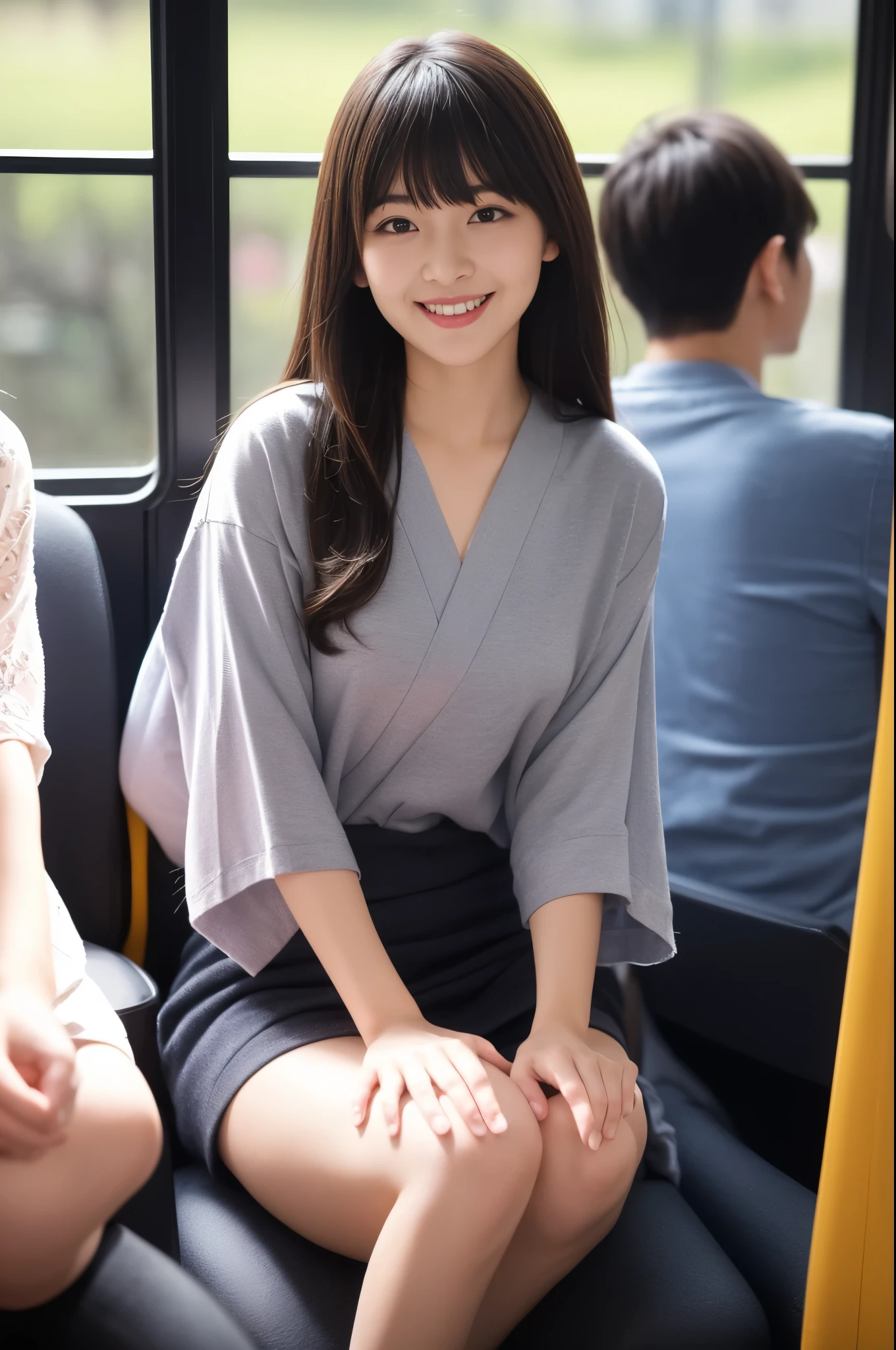((Tabletop:1.4, highest quality)), (Realistic photos:1.4), 
((1 girl)), (Pure actress),
(超High resolution:1.2), Very delicate and beautiful, wonderful, Very detailed CG Unity 8k wallpaper, Very detailed, High resolution, 
Soft Light, Beautiful detailed girl, Very detailedな目と顔, Beautiful and detailed nose, Beautiful and detailed, 
(Wear casual spring clothes:1.3), 
Cinema Lighting, Perfect Anatomy, Slender body, (Parted bangs),
(Riding on a Japanese local train:1.3), (Car window), (Japan&#39;The original landscape of),
Cowboy Shot, Looking at the audience, smile
