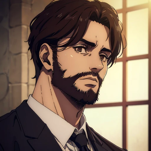 (best quality,4k,8k,highres,masterpiece:1.2),ultra-detailed,(realistic,photorealistic,photo-realistic:1.37), young man , mappa art style,  heart-shaped face,  brown eyes detailed, dark brown  hair , his hair is medium length messy, he has beard, he looks handsome, he is fair, he looks very young,  sharp jawline, he is wearing grey suit, vibrant color, 