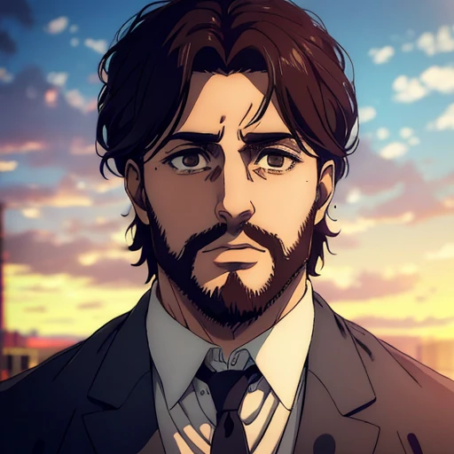 (best quality,4k,8k,highres,masterpiece:1.2),ultra-detailed,(realistic,photorealistic,photo-realistic:1.37), young man , mappa art style, heart-shaped face, brown eyes detailed, dark brown hair , his hair is medium length messy reaching neck, he has beard, he looks handsome, he is fair, he looks very young, sharp jawline, he is wearing grey suit, vibrant color,