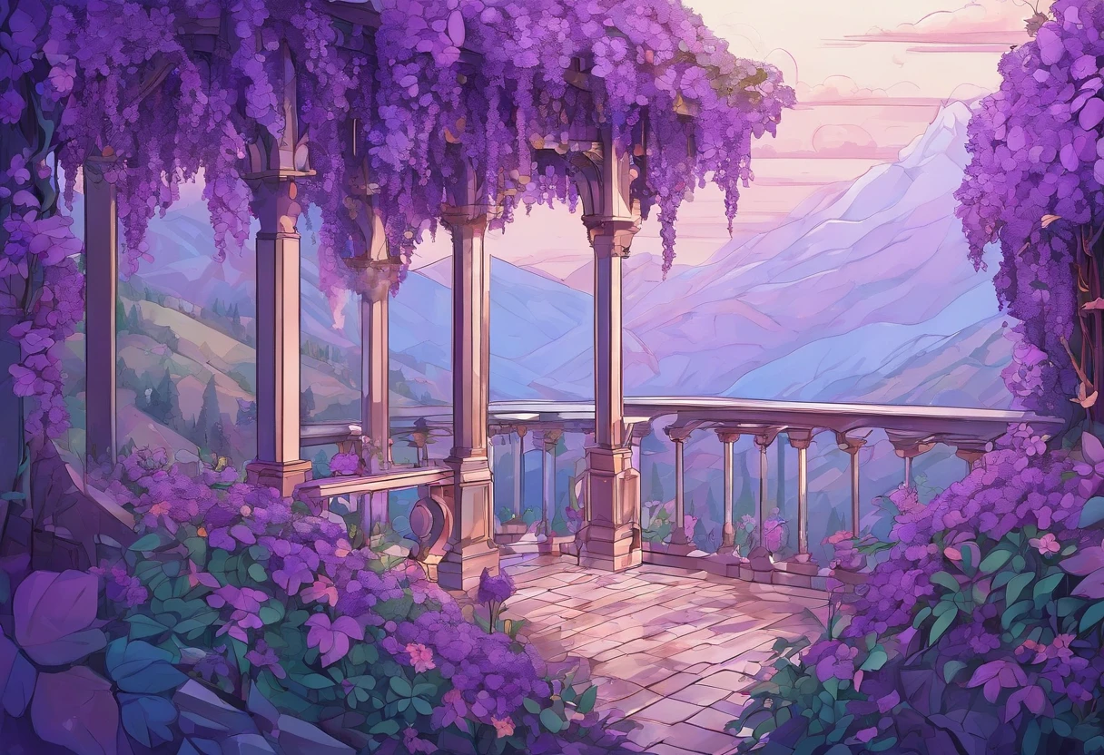 Highest quality illustration landscape no people purple delicate lace curtains Mucha style