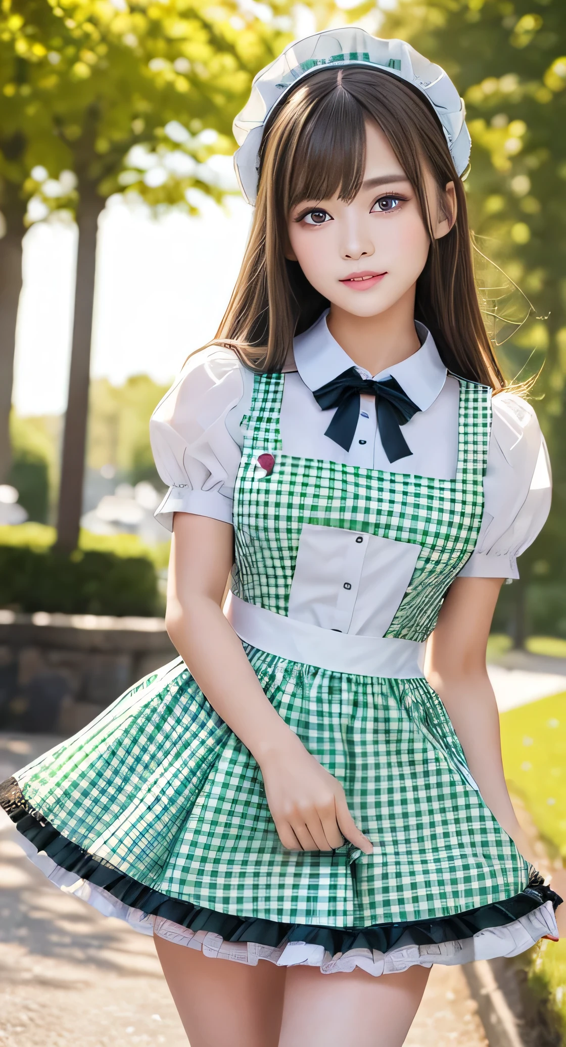 Angelic very beautiful cute young girl,
Beautiful detailed eyes, (14 yo:1.2),
Detailed double eyelids,
(Soft Saturation: 1.3),
(Fair skin: 1.3),v-line jaw,
(Large eyes:1.4),
Long straight brown hair,
see-through bangs,
Sharp Focus,
beautiful detailed face and eyes,
drooping eyes,
small straight nose,
small mouth,
happy smiling with visible teeth, 85mm lens, F/8.0,BREAK (green gingham maid costume :1.5),Walking,Brown hair ,(Costumes with strong reflective surfaces:1.3),(lift skirt:1.2),panty,
(Best Quality:1.2),(Maid costume:1.4),
Raw photo,
High resolution,
perfect detail,
Professional Photography,
Professional Lighting,
Powerful lighting of the costume,In the street