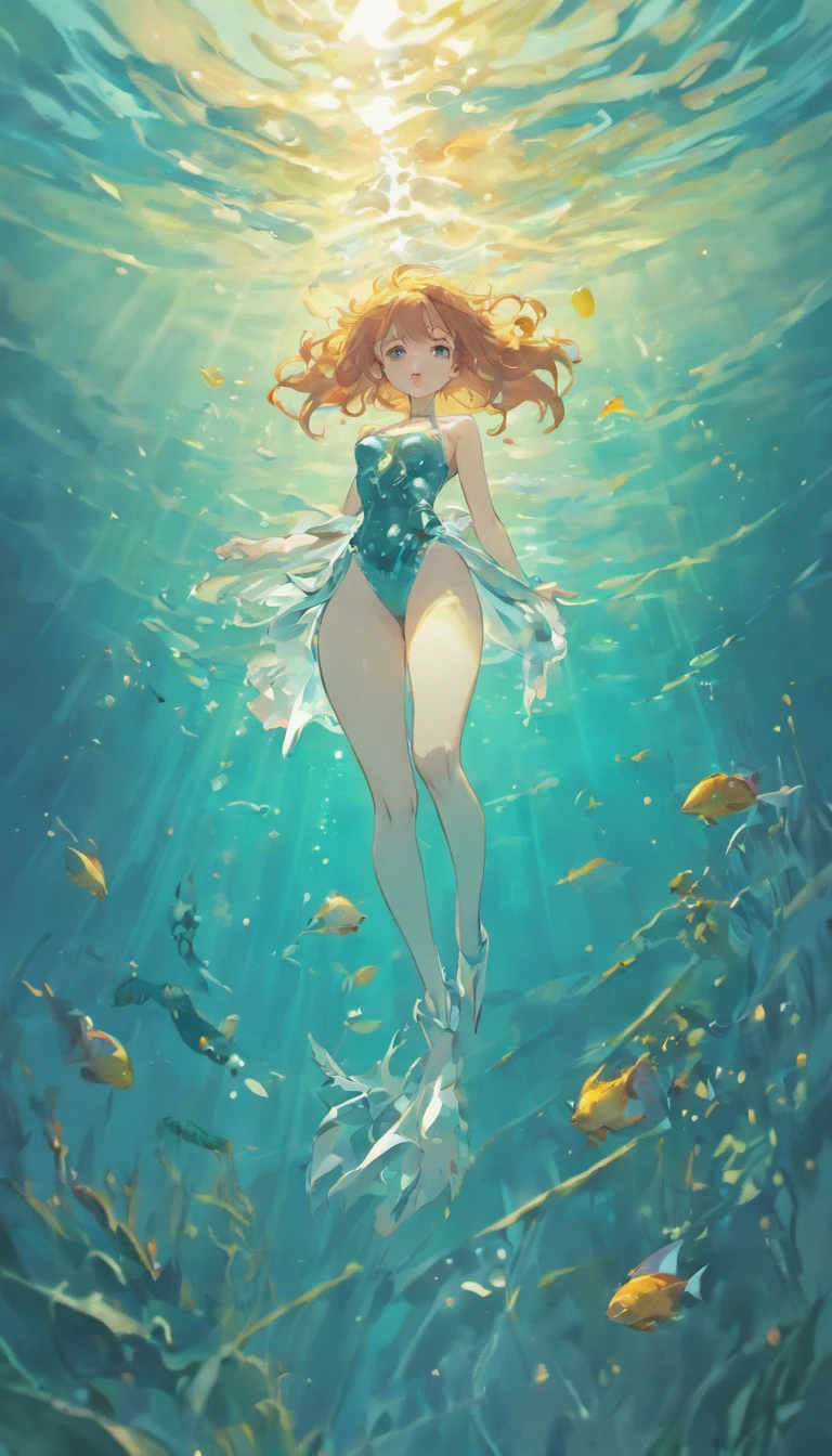 Photos under the sea,Draw a beautiful underwater world,Best diving spots,Transparency,How beautiful,Water representation,Water movement,Fine air bubbles,realism,Beautiful diving spots that will captivate everyone,bright,Diagonal composition,Focus on the Underwater World,Photorealistic,Intricate underwater details,Fantasy,Dreamy,1 diver