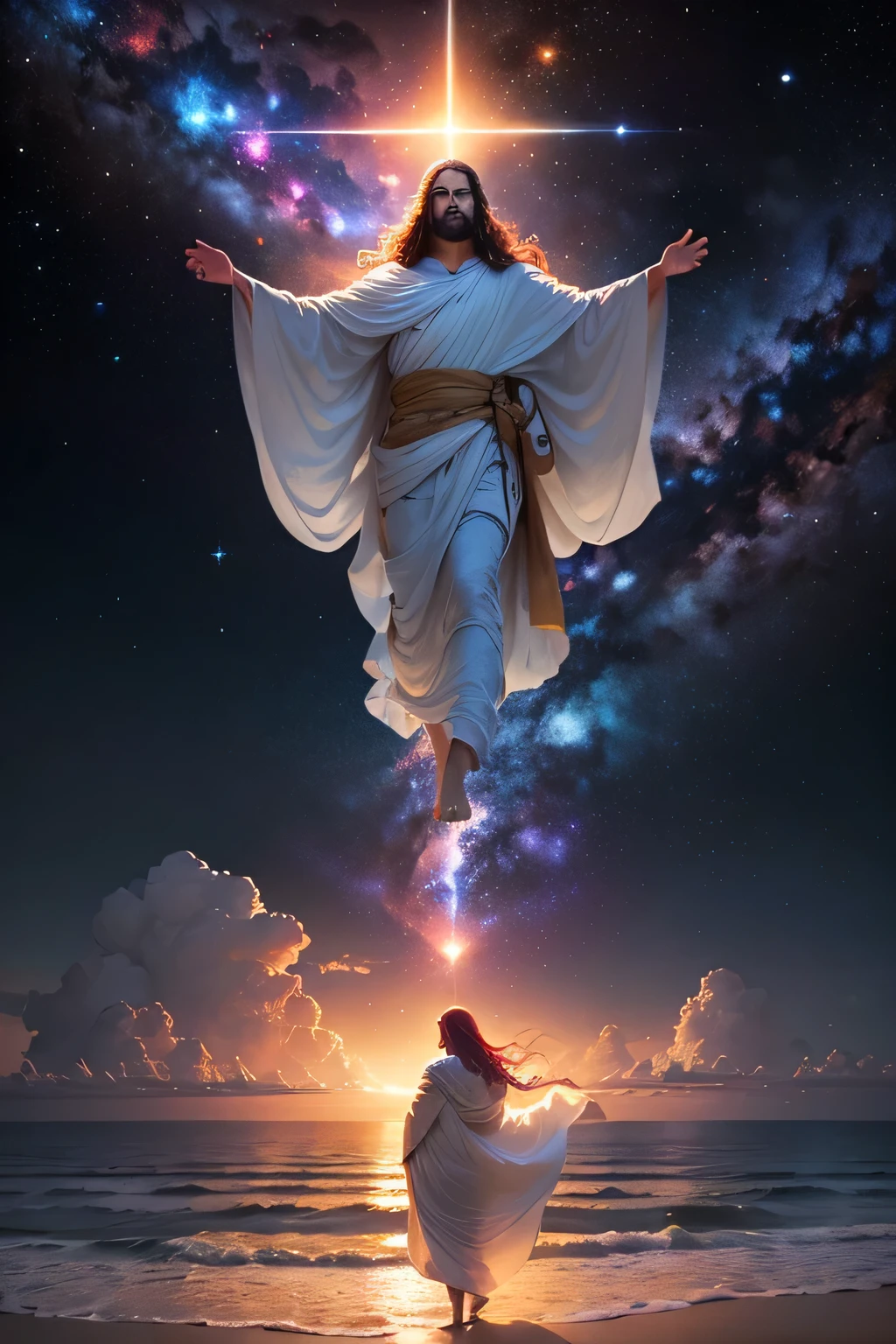 Deus andando no deserto, BIG HEART blue eyes, 8k, Pessoas ao seu redor, mirage in the background DAVID OF THE BIBLE RED HAIR Jesus walking on water in the middle of a storm, obra-prima, melhor qualidade, alta qualidade, papel de parede 8k de unidade CG extremamente detalhado, fotografia premiada, Bokeh, Depth of Field, HDR, bloom, chromatic aberration, fotorrealista, extremamente detalhado, trending on ArtStation, trend at CGSociety, intrincado, alto detalhe, dramatic, arte no meio da jornada, volumetric illumination jesus floating in the air on top of clouds with a light shining brightly on his face Jesus Christ, o centro do universo, He is tall and resolute., Looking at the galaxy with outstretched arms. As estrelas e planetas giram em torno dele, orbitando em perfeita harmonia. His robes flow in the cosmic wind, as if he were the embodiment of the universe itself. The scene takes place in deep space, with nebulae and galaxies in the background. The atmosphere is serene and peaceful, as if all creation were at peace in his presence. Artwork, A digital illustration with intricate details and vibrant colors. 16k ultra-detalhado --ar 3:2 --v 4 --q 2
INFO (galaxy creator + Having predestined us for children adopted by Jesus Christ, para si mesmo, according to the good pleasure of his will, 8k, foto RAW, melhor qualidade, obra-prima: 1.5, ultra high-resolution, fotorrealista: 1.5, cinematiclight, smooth volumetric lighting: 1.5, realista, fotorrealista: 1, pele detalhada, profesional lighting, fotografia, sharp focus, detalhado, profesional lighting, photon maping, ambiente detalhado e intrincado, altamente detalhado, melhor qualidade, artsy photography, arte conceitual fotorrealista, volumetric natural soft perfect cinematic light, MIDJOURNEYos:1.2), (Planeta Terra:0.8)) com o mundo na palma das maos