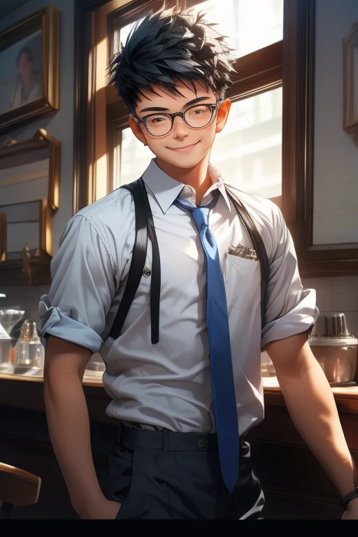 Window side, cafe, smile, blue tie, male, 18 years old, Short spiked Hair, black hair, white shirt, rolling up sleeves, Glasses, Asian, cute, (detailed eyes), detailed skin, (masterpiece, best quality:1.4), Top Quality, High quality, Ultra detailed, insanely detailed, 