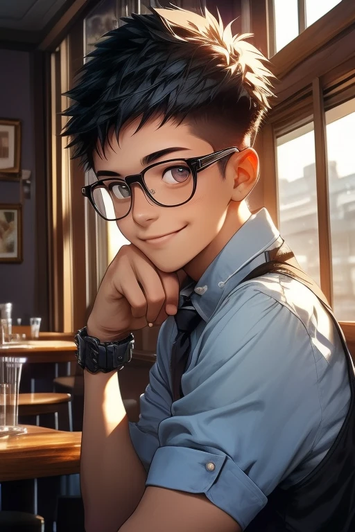 Window side, cafe, smile, blue tie, male, 18 years old, Short spiked Hair, black hair, white shirt, rolling up sleeves, Glasses, Asian, cute, (detailed eyes), detailed skin, (masterpiece, best quality:1.4), Top Quality, High quality, Ultra detailed, insanely detailed, 