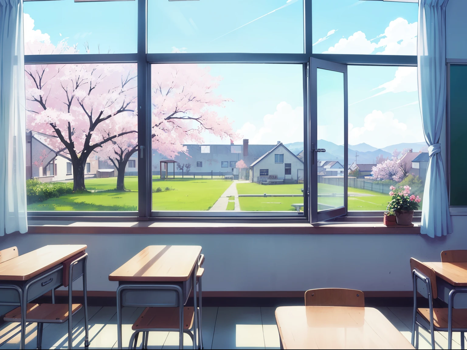 (masterpiece, best quality:1.4), ((classroom)), (window), (sunlight comes in), (cartoon), (2D), (Sensitivity), (without people), ghibli, pixar, many desks, big blackboard, windy, white curtains, big window, many windows, cherry blossom scenery, book shelf, bright, left window, front blackboard
