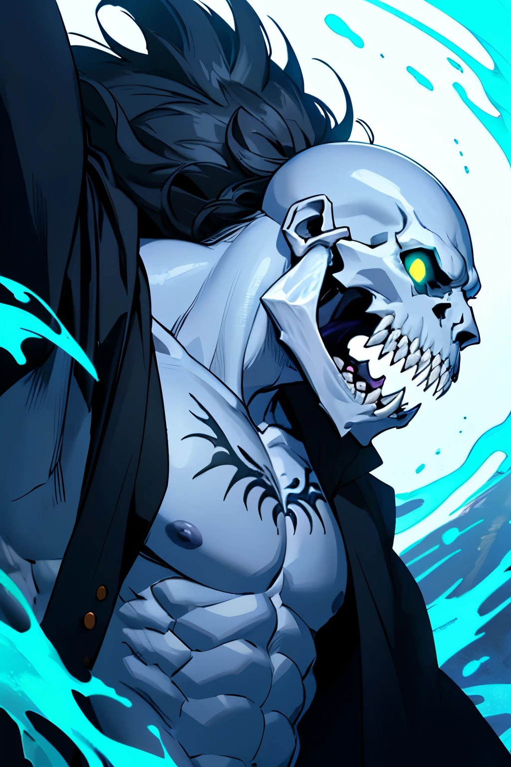 ((best quality)), ((masterpiece)), (detailed), 1 male, long beard, no hair, bald, white rune tattoos, Muscular, pale blue skin, Skeletal teeth, snarl, black metal crown, Flowing black robes, Bare Chest, green flaming eyes, skeletal teeth, sidelighting, blue light, necromancer, illusionist, strong jaw, side profile