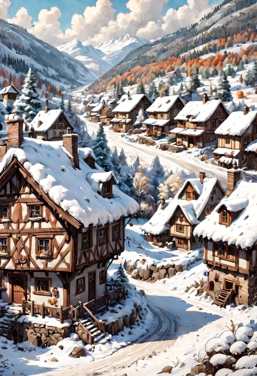 snowy village , now fall, watercolor, Watercolor, trending on artstation, sharp focus, studio photo, intricate details, highly detailed, by greg rutkowski