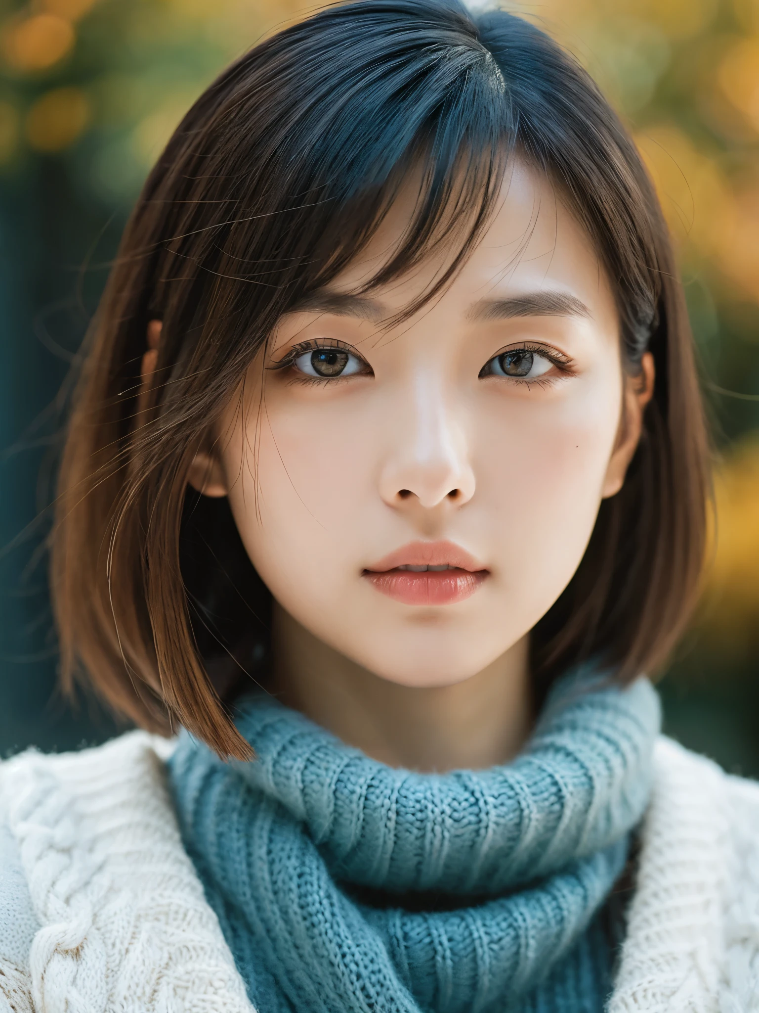 white wall、Taken in front of the white door、(A room with a white wall and a window)、shot in natural light、Highly detailed face and skin texture、highly detailed lips、correct state of the human body、Super high resolution、(Photoreal:1.4)、top quality, 1 beautiful woman, 28 years old, s, 35mm lens、Light Blue Knit、(Dark brown medium shorthair)、Japanese woman with bob、(dark brown hair)、Versatile poses、looking at the camera、natural color lip、Autumn outfit、Winter clothes、 necklace